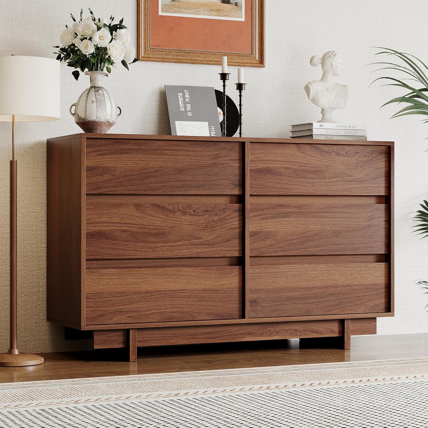 CHUWELL 47" Wide Dresser for Bedroom, Walnut Mid Century Modern Dressers with 6 Drawers, Adequate Capacity Storage,Closet Clothes Organizer for Bedroom