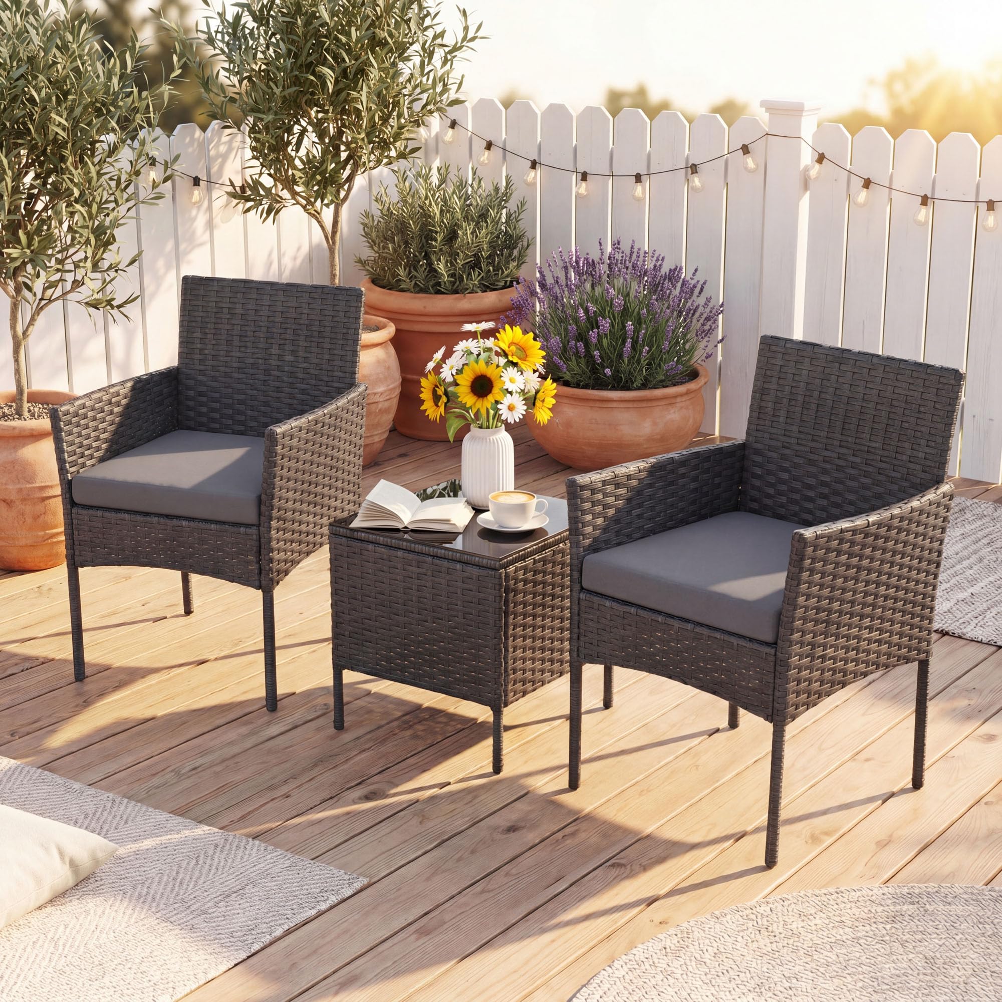 LIFEZEAL Set Mobili da Giardino in Rattan 2 Posti, Salotto da Giardino Esterno con 2 Poltrone, Cuscini Rimovibili, Tavolino da Caffè in Vetro Temprato, per Terrazza e Cortile (Cuscino Grigio)