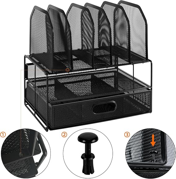 Amazon Basics Mesh Desk Organiser with 2 Trays and 5 Upright Sections, Desk Tidy for Office Accessories, Sliding Drawer, Black