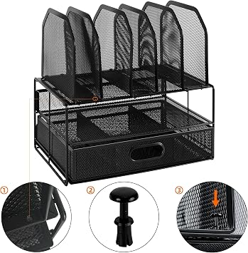 Amazon Basics Mesh Desk Organiser with 2 Trays and 5 Upright Sections, Desk Tidy for Office Accessories, Sliding Drawer, Black