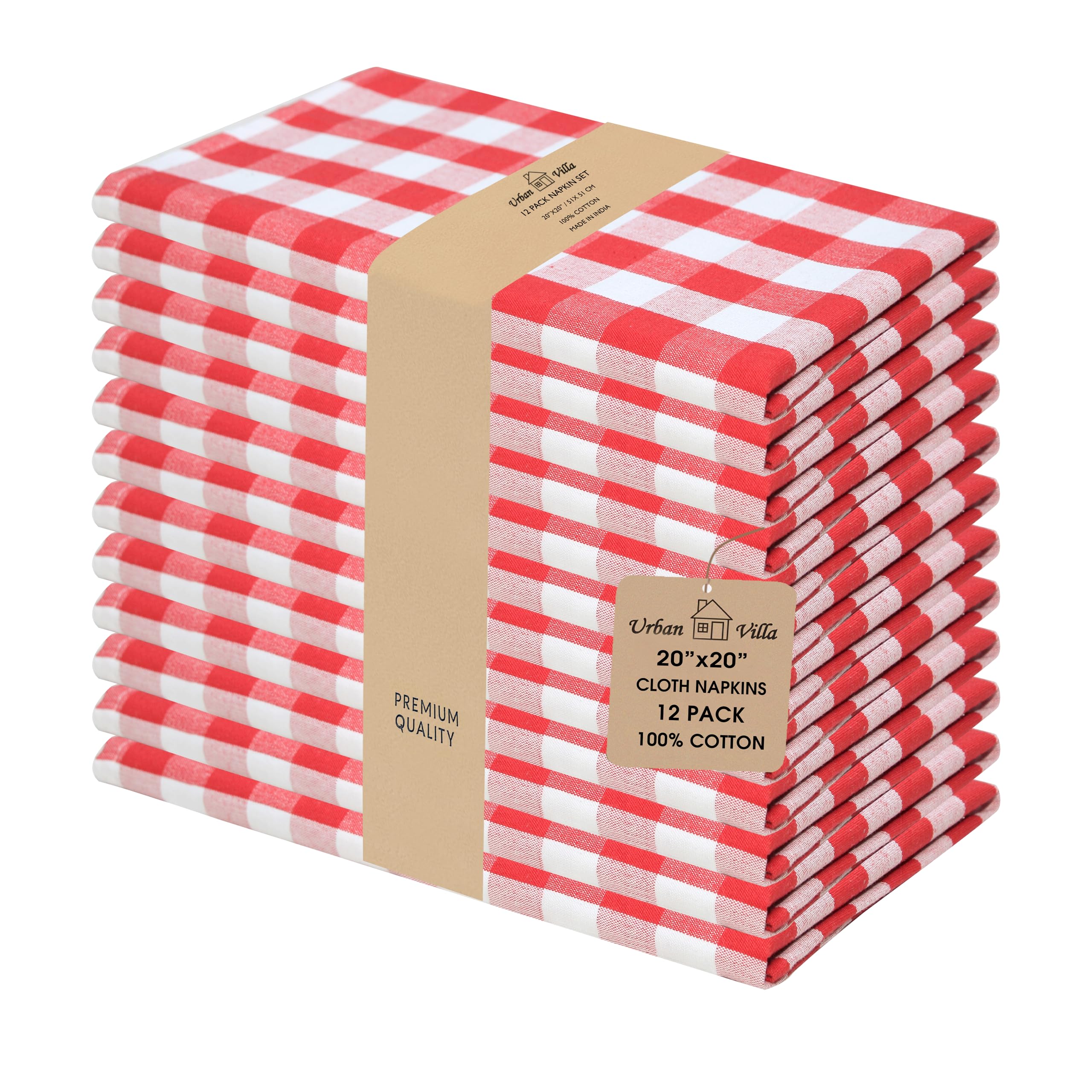 Urban Villa Dinner Napkins, Everyday Use,Premium Quality,100% Cotton, Set of 12, Size 20X20 Inch Oversized Cloth Napkins with Mitered Corners, Ultra Soft, Durable Hotel Quality (Red)