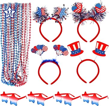 4th of July Party Favors Set, 20PCS Patriotic Accessories Independence Day Decorations Headbands Necklaces Star Sunglasses, Red White Blue Party Favors and Memorial Day Supplies