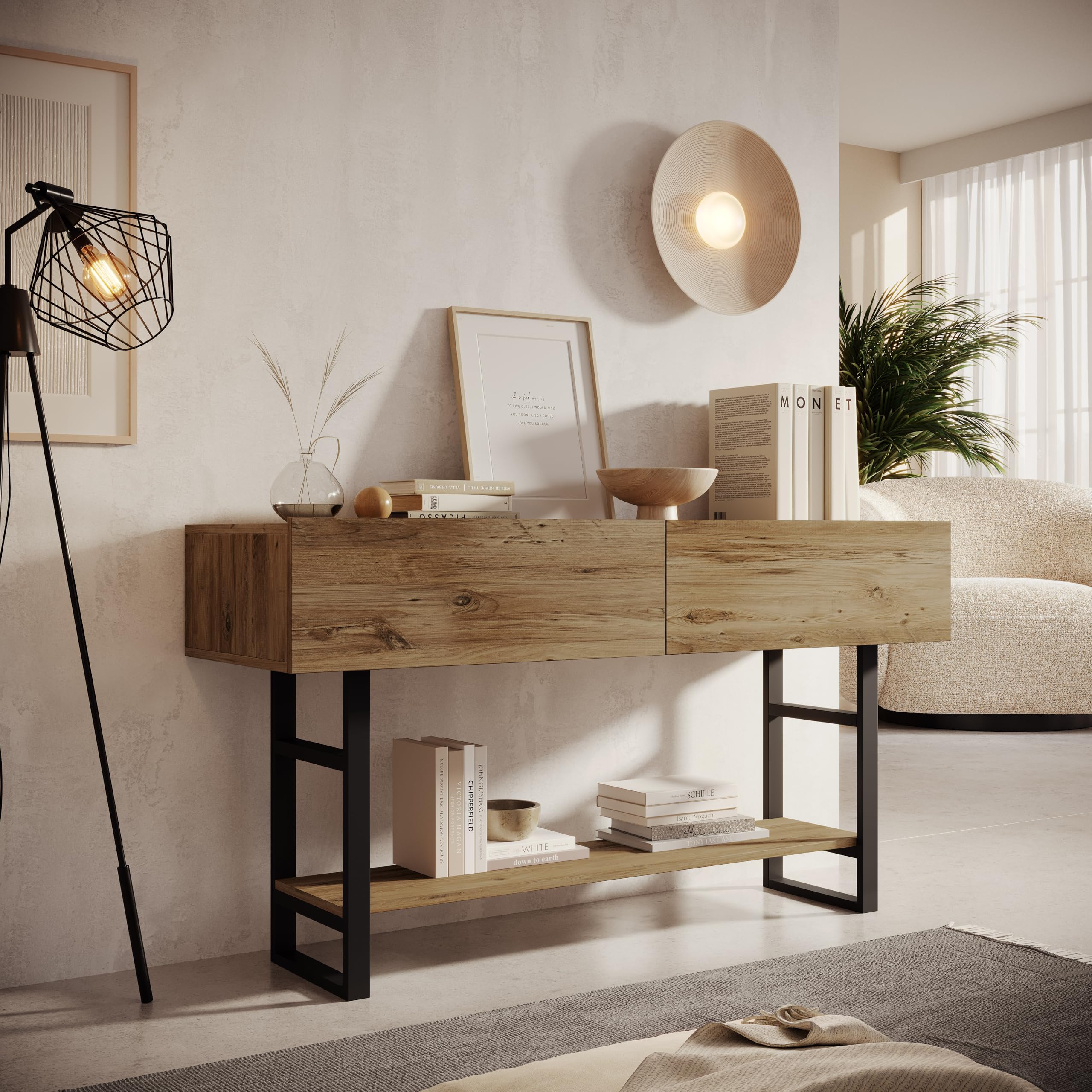 MB Muebles Bonitos, Meuble d’Entrée Factory R1 Design Industriel, Console pour Entrée, Structure en Acier Noir Mat, Mélamine Couleur Pin Atlantique, 139x75x43 cm