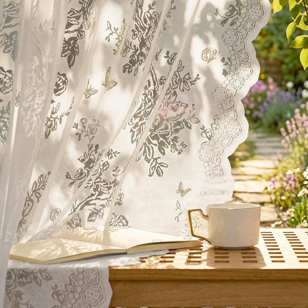 NICETOWN Cortinas transparentes para exteriores para patio, 2 paneles, cortinas de encaje bordadas con rosas y mariposas para jardín, exquisito borde ondulado, impermeable, bolsillo para barra, elegante decoración de cenador, blanco marfil, 54 x 84 pulgadas