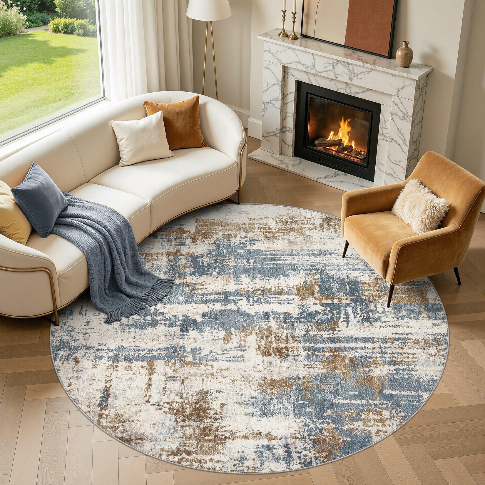 DMOYEST Teppich Rund 200 cm Blau Beige Modern Abstrakt Waschbar