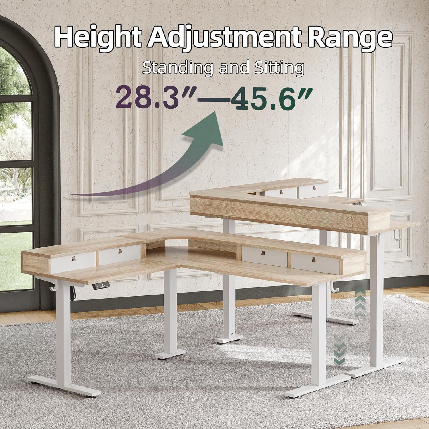 TIQLAB L Shaped 63 x 55 inch Standing Desk Adjustable Height, Electric Corner Standing Desk with 4 Drawers and Upper Shelf, Sit Stand Computer Table with Splice Board, Maple