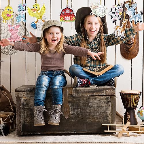 Miniatura 6 de Whaline Kit de 9 llaveros de pintura de diamante de animales de granja, pollo, vaca, cerdo, conejo, accesorios de pintura de diamante, llavero 5D,