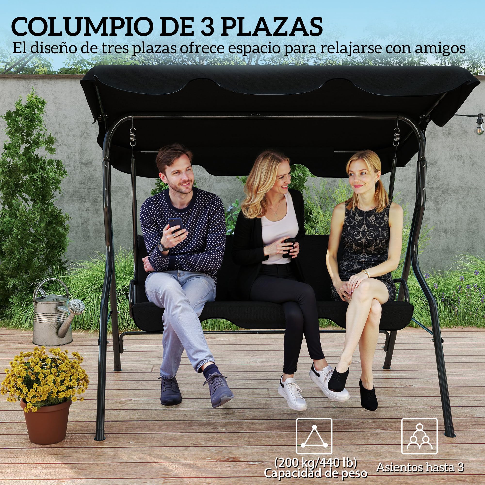 Outsunny Columpio de Jardín de 2-3 Plazas Impermeable 170x110x153 cm Negro | Balancín de Exterior, Toldo Ajustable en Ángulo, Marco de Acero, para Patio, Balcón