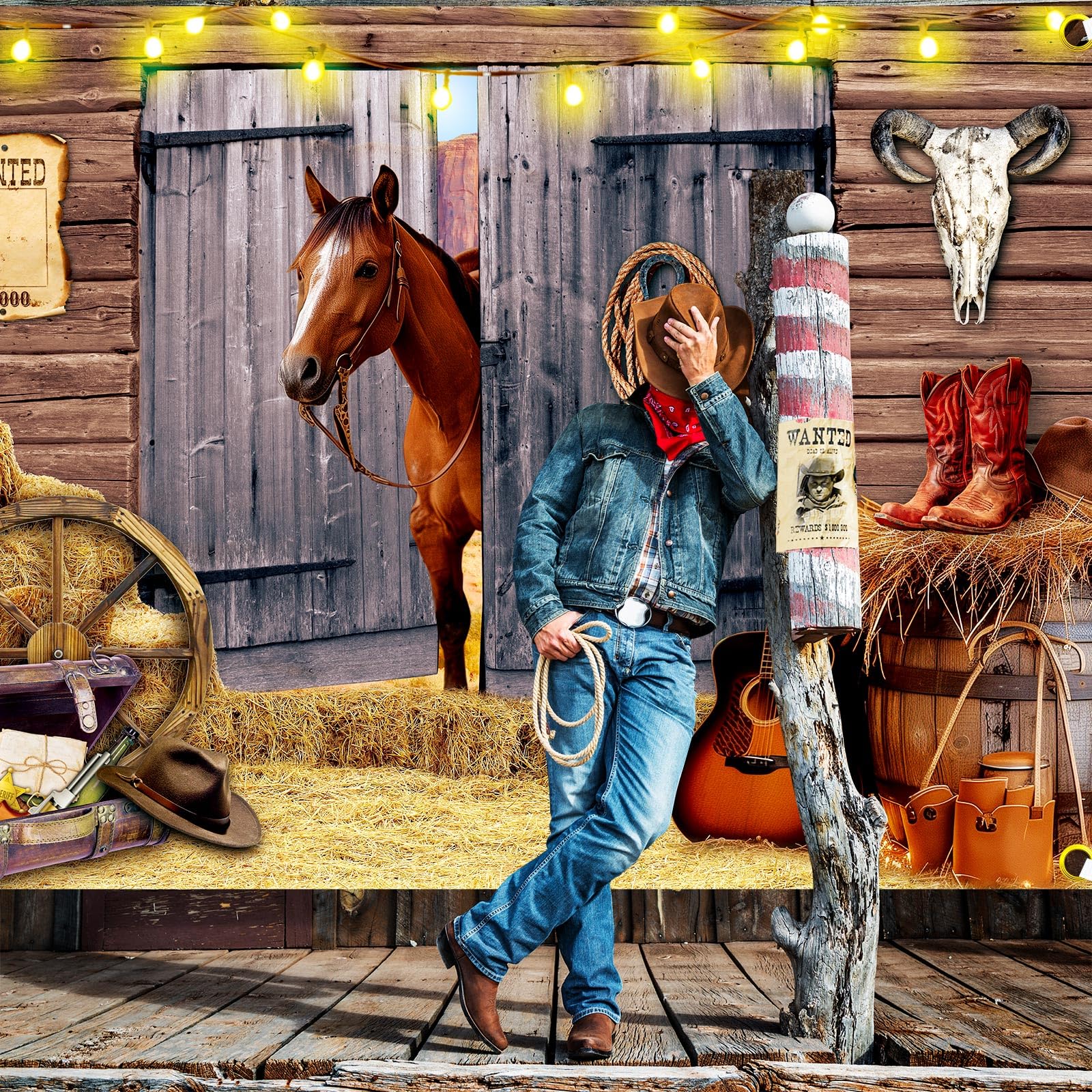 Moukeren Western Party Backdrop Western Cowboy Party Decoration Wild West Decor Wooden House Barn Photo Background for Birthday Wedding Supply(7 x 5 ft,Vintage Style)