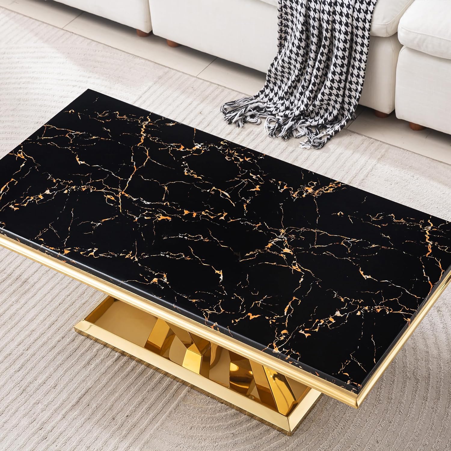 AF ARTISAN FURNITURE Marble Coffee Table, 47" Faux Marble Rectangular Cocktail Tables with Mirrored Finish Diamond-Shape Stainless Steel Base, Central Tea Table for Living Room Office, Gold&Black