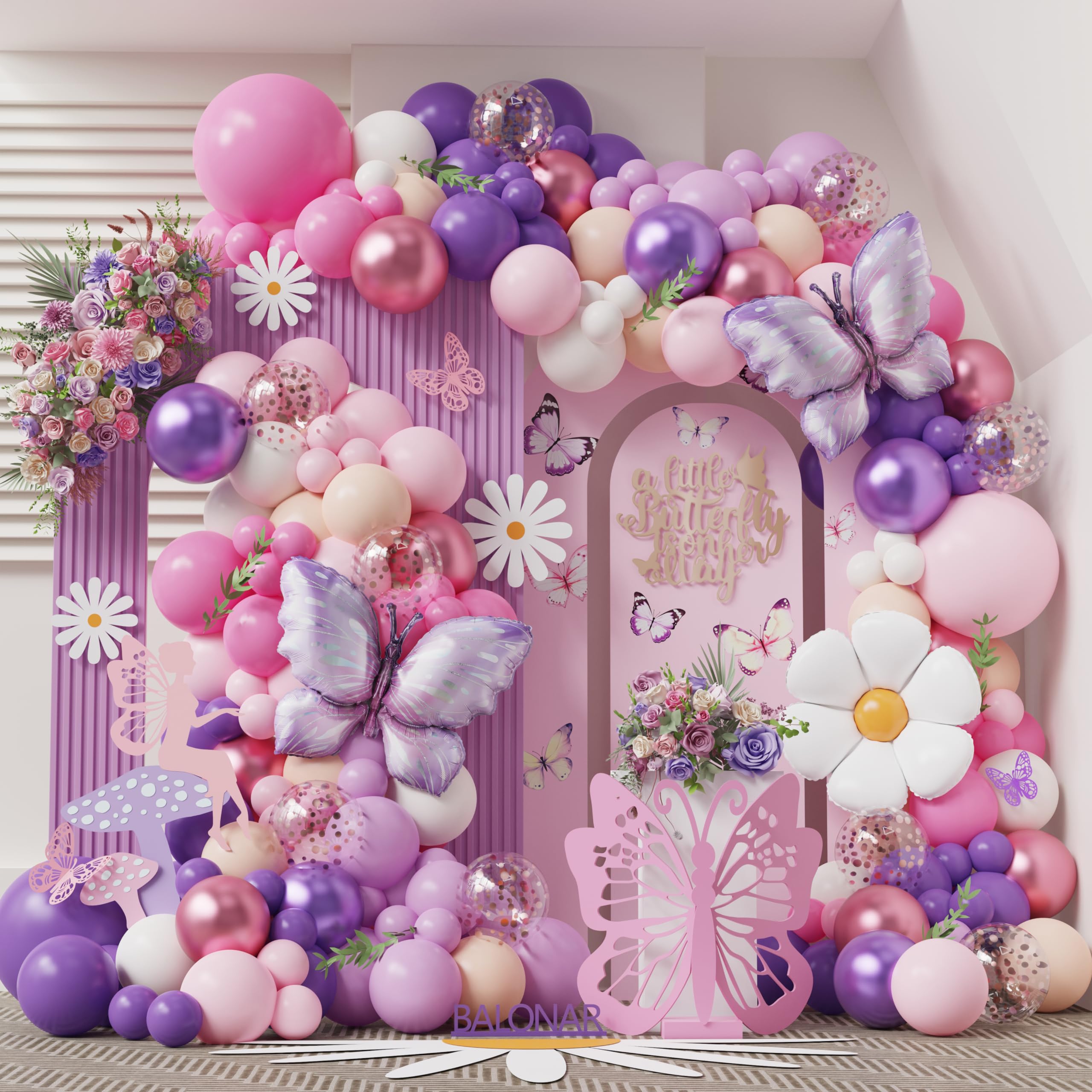 Daisy Butterfly Balloon Garland Arch Kit with Dusty Purple Pink Gold Nude Confetti Latex Balloons for Baby Shower Birthday Party Wedding Decorations(