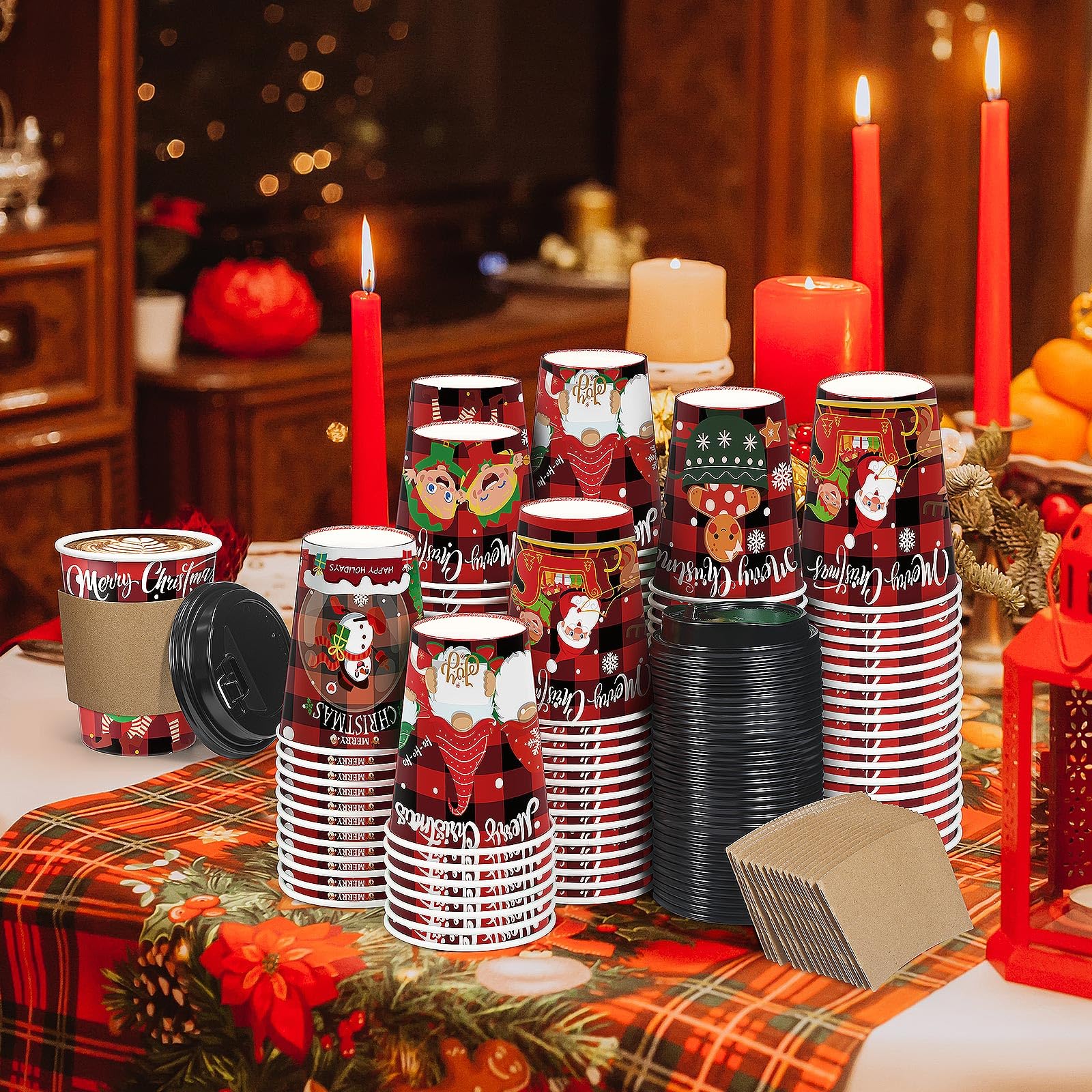 Layhit Set di 100 bicchieri da caffè natalizi in carta con coperchio, 350 ml, usa e getta, motivo albero di Natale, bicchieri per cioccolata calda, per Natale, inverno, vacanze, bicchieri per bevande