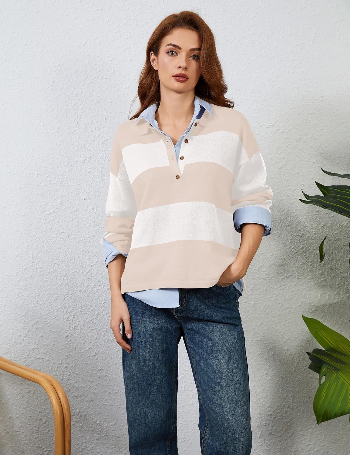 Womens Striped Sweater Shirts Lapel Polo V Neck Long Sleeve Strip Knit Pullover Casual Layer Top Jumper Y2K Shirt - Image 3