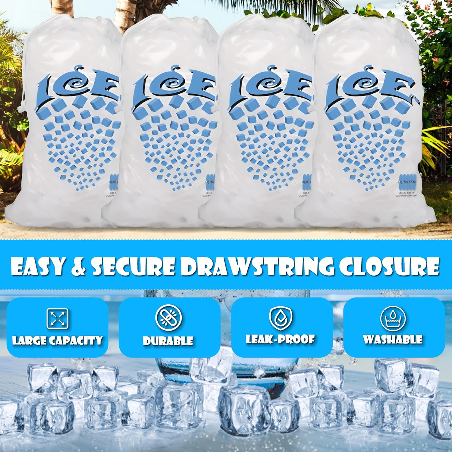Concession Essentials 8 lb Drawstring Ice Bags – Pack of 500 | Durable Heavy-Duty Plastic Ice Storage Bags with Secure Drawstring Closure | Perfect for Ice Packaging, Parties, Camping, and Commercial