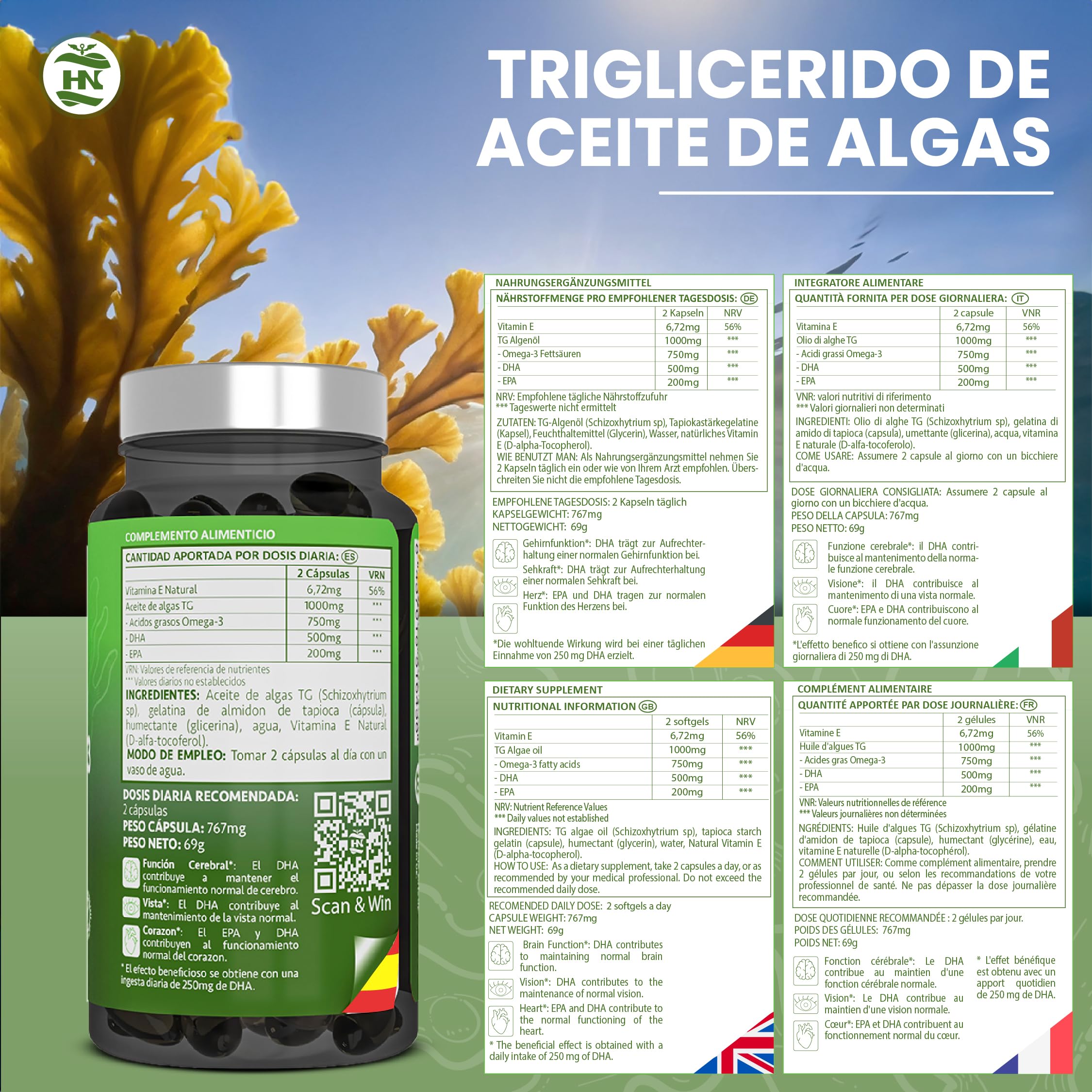Omega 3 Vegano de Algas (90 Caps) Omega-3 Aceite de Algas equilibrado con DHA y EPA, Omega3 Algas Marinas con Vitamina E, Ideal para Cerebro y Corazón, Suplemento para Veganos-Vegetarianos (4 Botes)