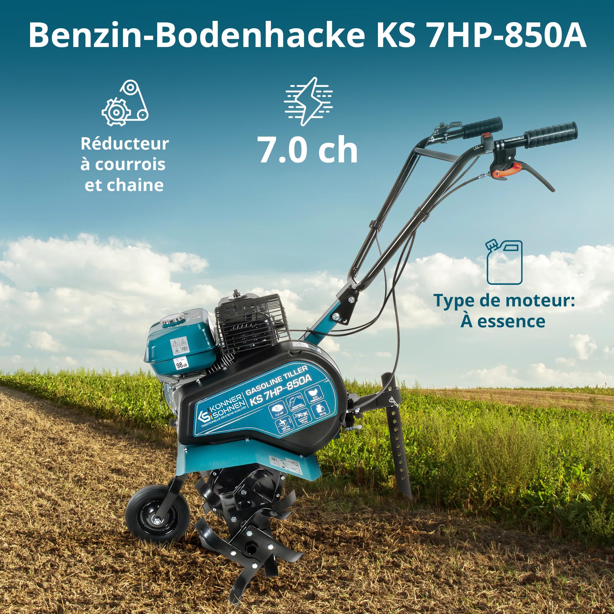 Könner & Söhnen KS 7HP-850A Motoculteur à Essence avec Transmission par Courroie, Fraise de Jardin avec Fraises forgées, cultivateur à Moteur avec soc réglable, Moteur 7 CV, cultivateur de Jardin