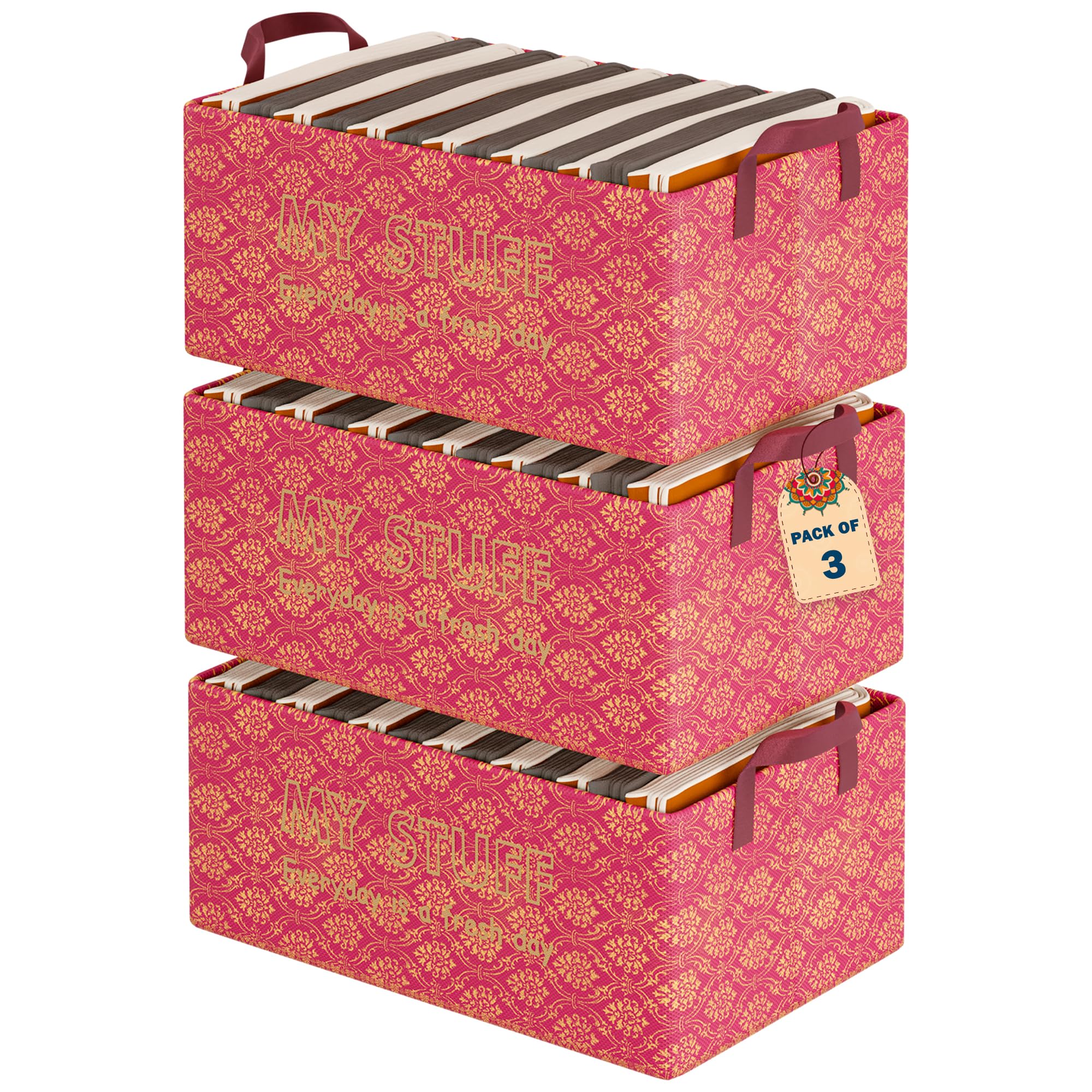 Kuber Industries 3er Pack - Kleiderbox faltbar für Hemden/Hosen/Kleider Schrank rechteckig organisiert, Spielbücher mit Griff, Golddruck