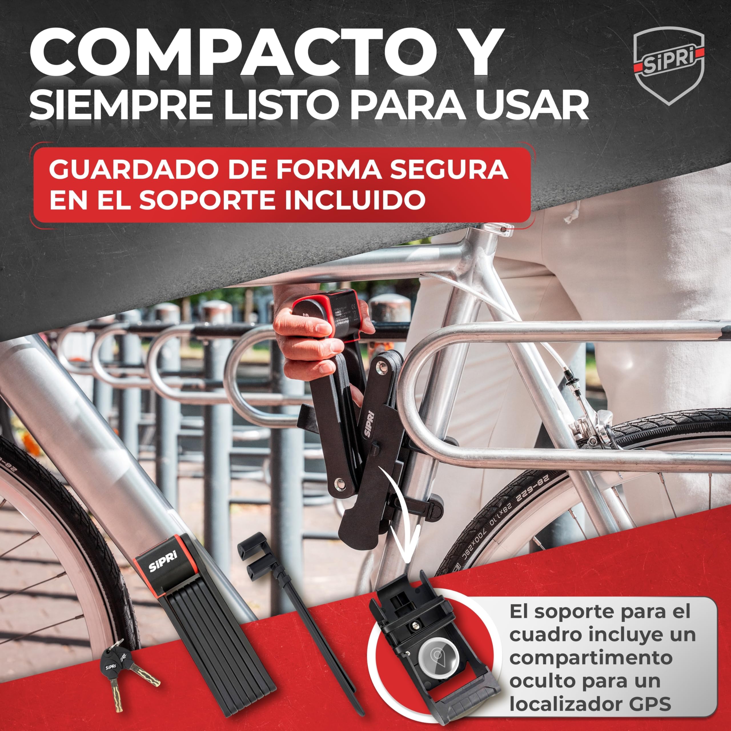 SIPRI® Candado plegable para bicicleta con alarma 120 dB | Candado plegable