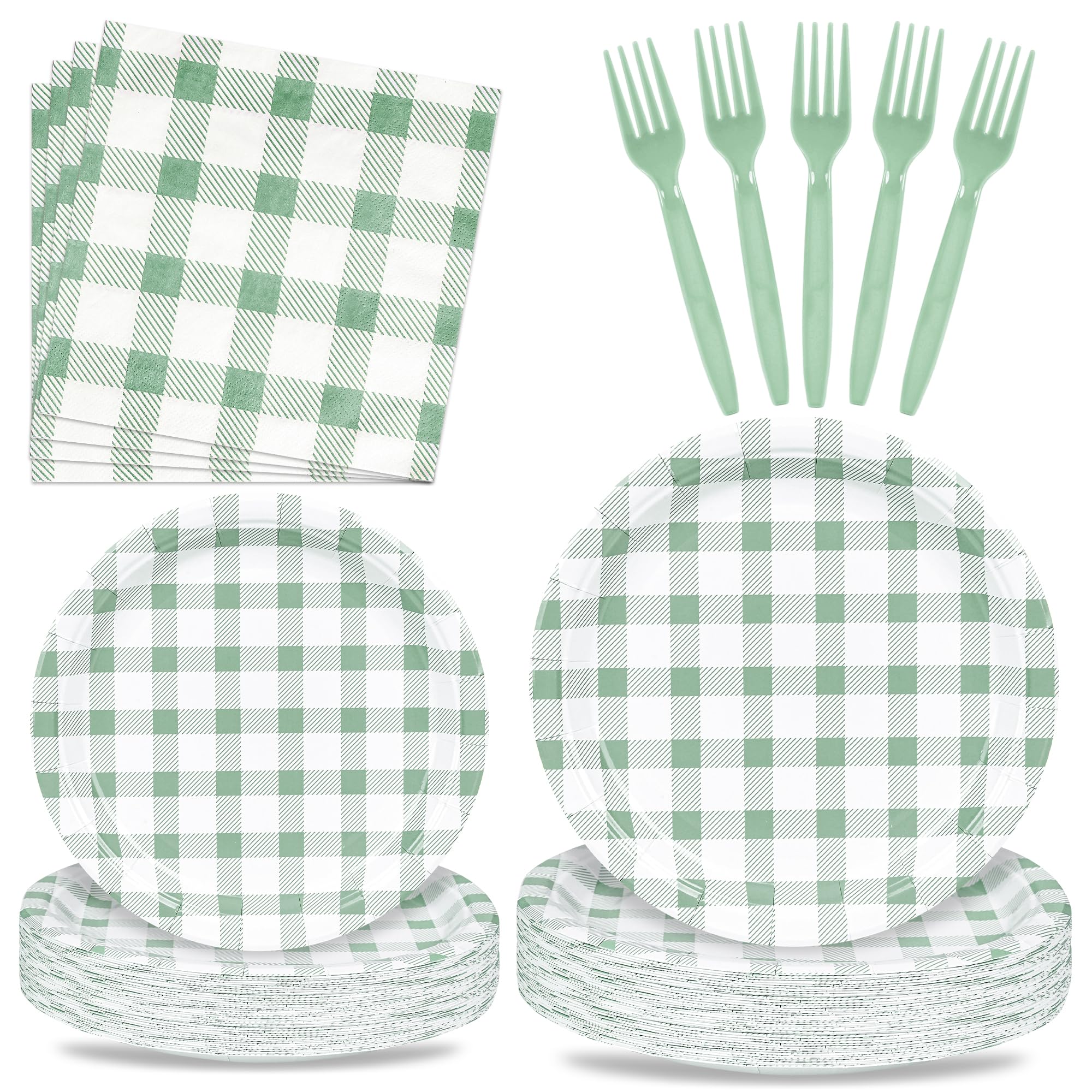 96 Pcs Sage Green Gingham Party Supplies - 9 & 7 Inch Gingham Paper Plates and Napkins set Green and White Checkered Party Plate Disposable Plaid Dinner Plates for Baby Shower Wedding Birthday