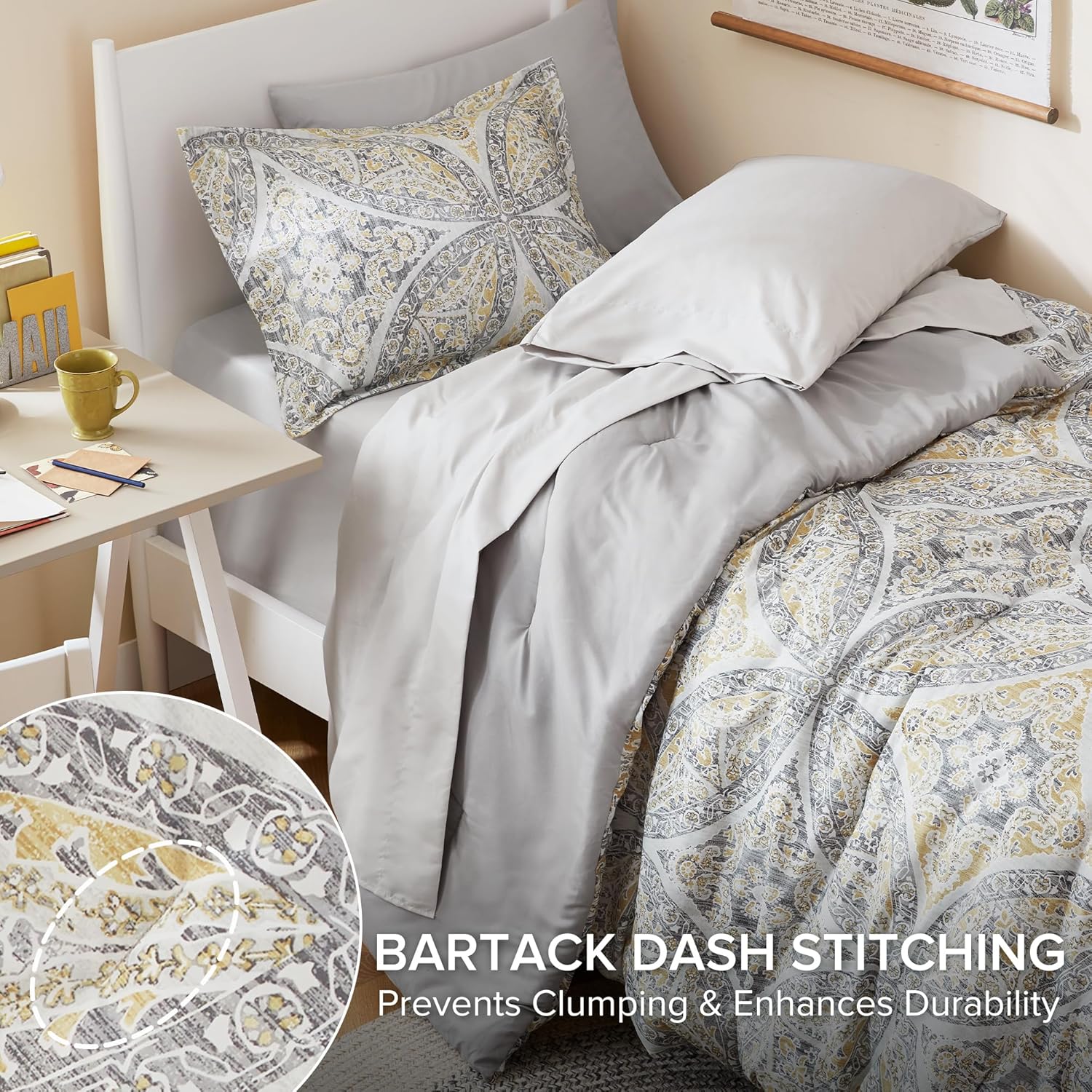 comfort spaces bed in a bag comforter set - trendy casual design twin xl comforter with complete sheet set with side pocket, all season comforter, shams, gloria, twin xl grey/yellow 6 piece twin xl gray/yellow