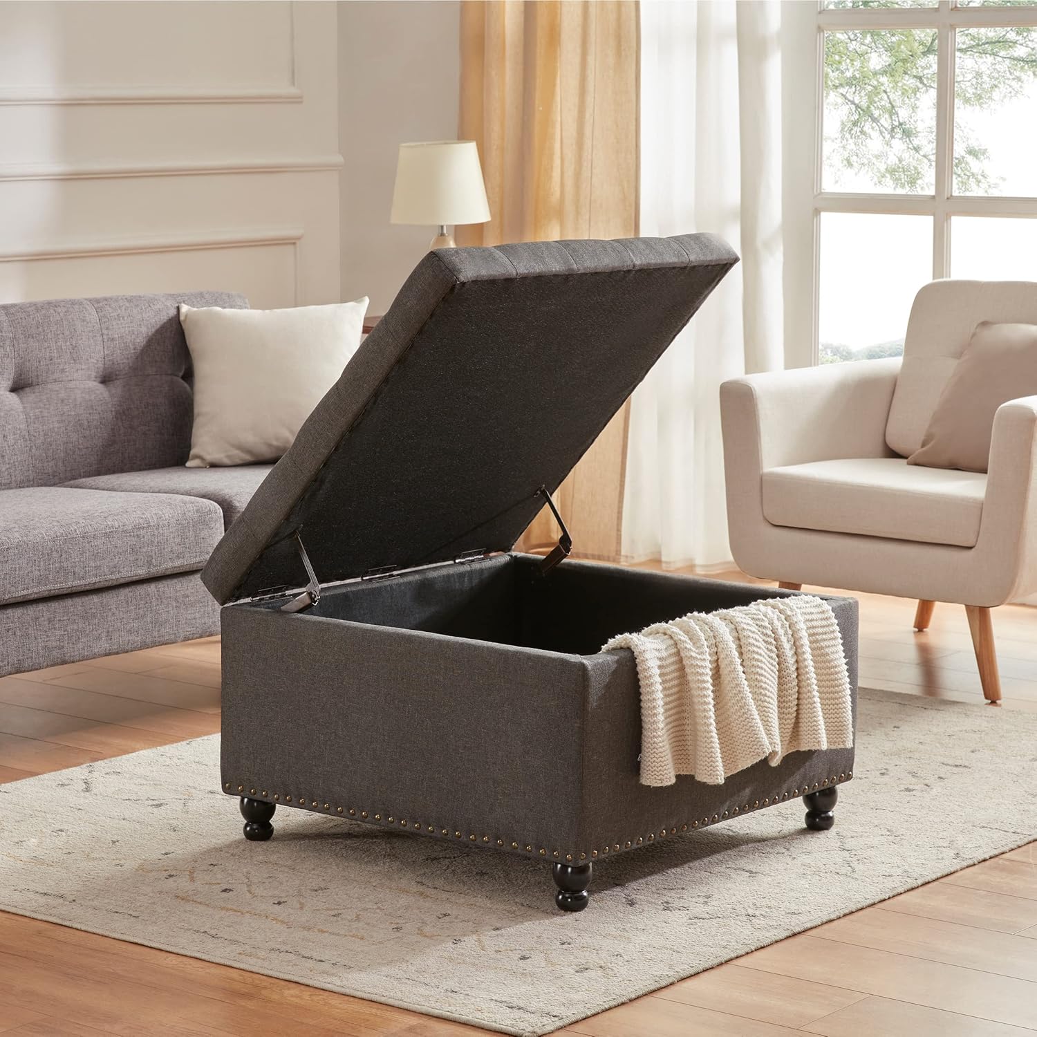 Tbfit Large Square Storage Ottoman Bench, Tufted Upholstered Coffee Table Ottoman with Storage, Oversized Storage Ottomans Toy Box Footrest for Living Room, Dark Grey : Everything Else