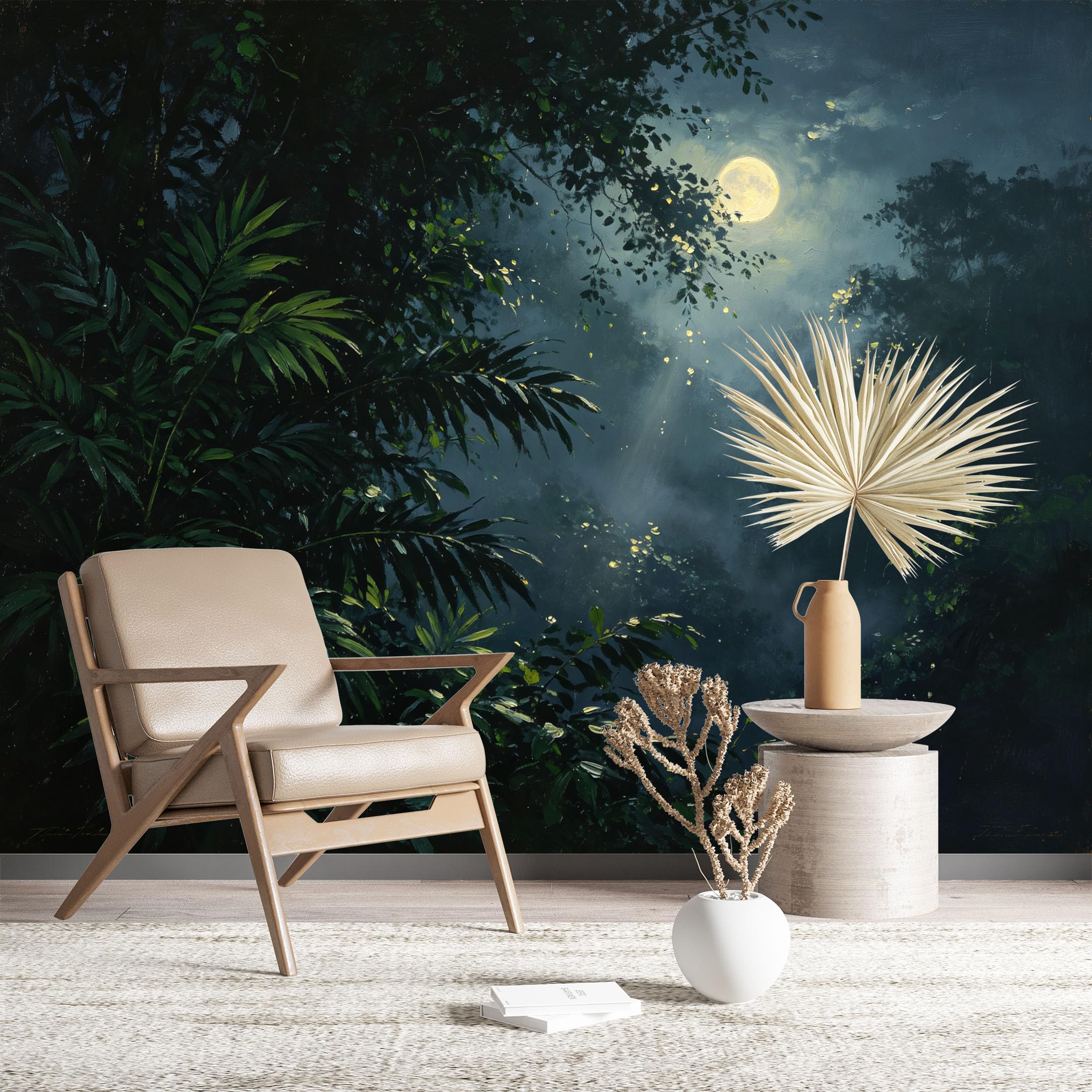 Custom Size Wall Murals Moonlit Rainforest with Fireflies Large Photo Wallpaper Self-Adhesive Wall Fabric (NO PVC) Removable Wallpaper for Living Room Home Decor