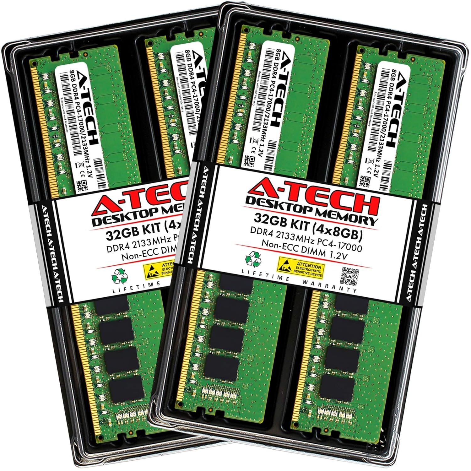 A-Tech 32GB (4x8GB) DDR4 2133MHz DIMM PC4-17000 UDIMM Non-ECC 1.2V CL15 288-Pin Desktop Computer RAM Memory Upgrade Kit