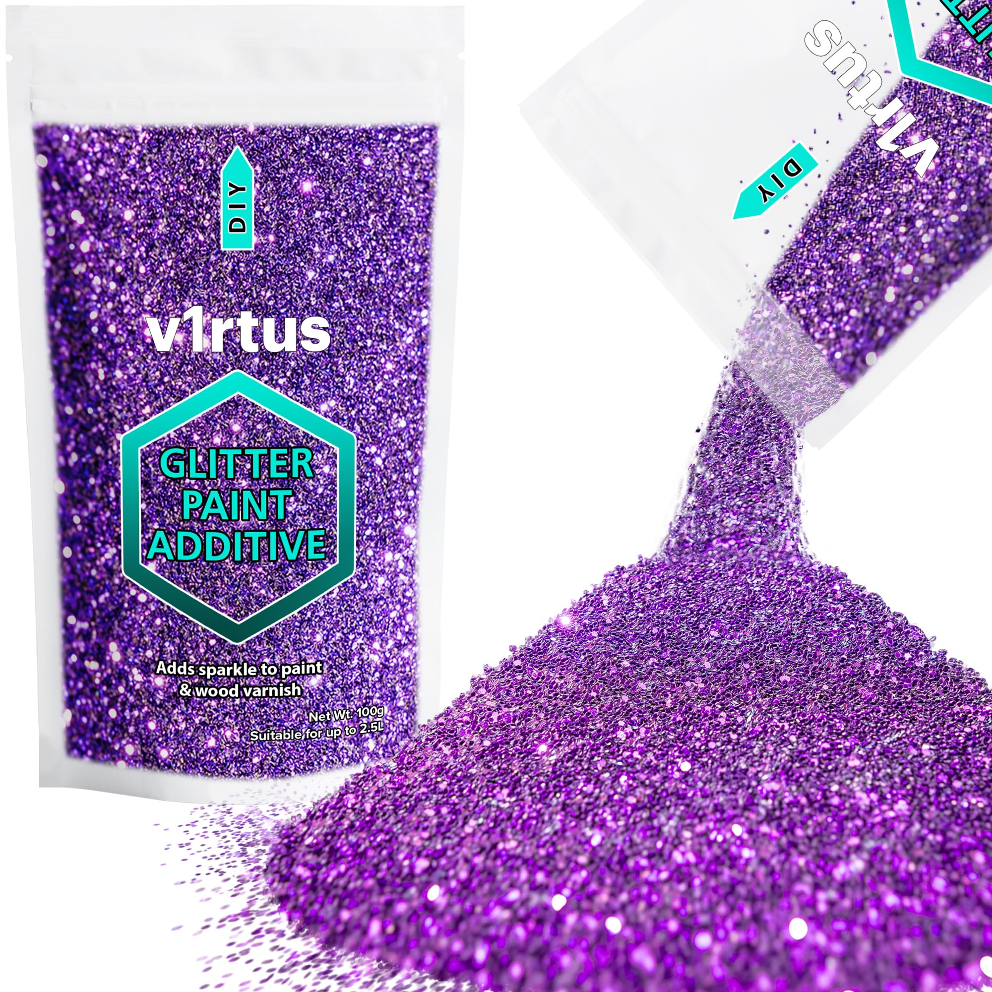 v1rtus Glitter Paint Additive - Purple | 100g Metallic Flakes for Adding Sparkle to Paints & Wood Varnish | Add to Emulsion, Acrylic & Latex for Indoor Sparkly Walls