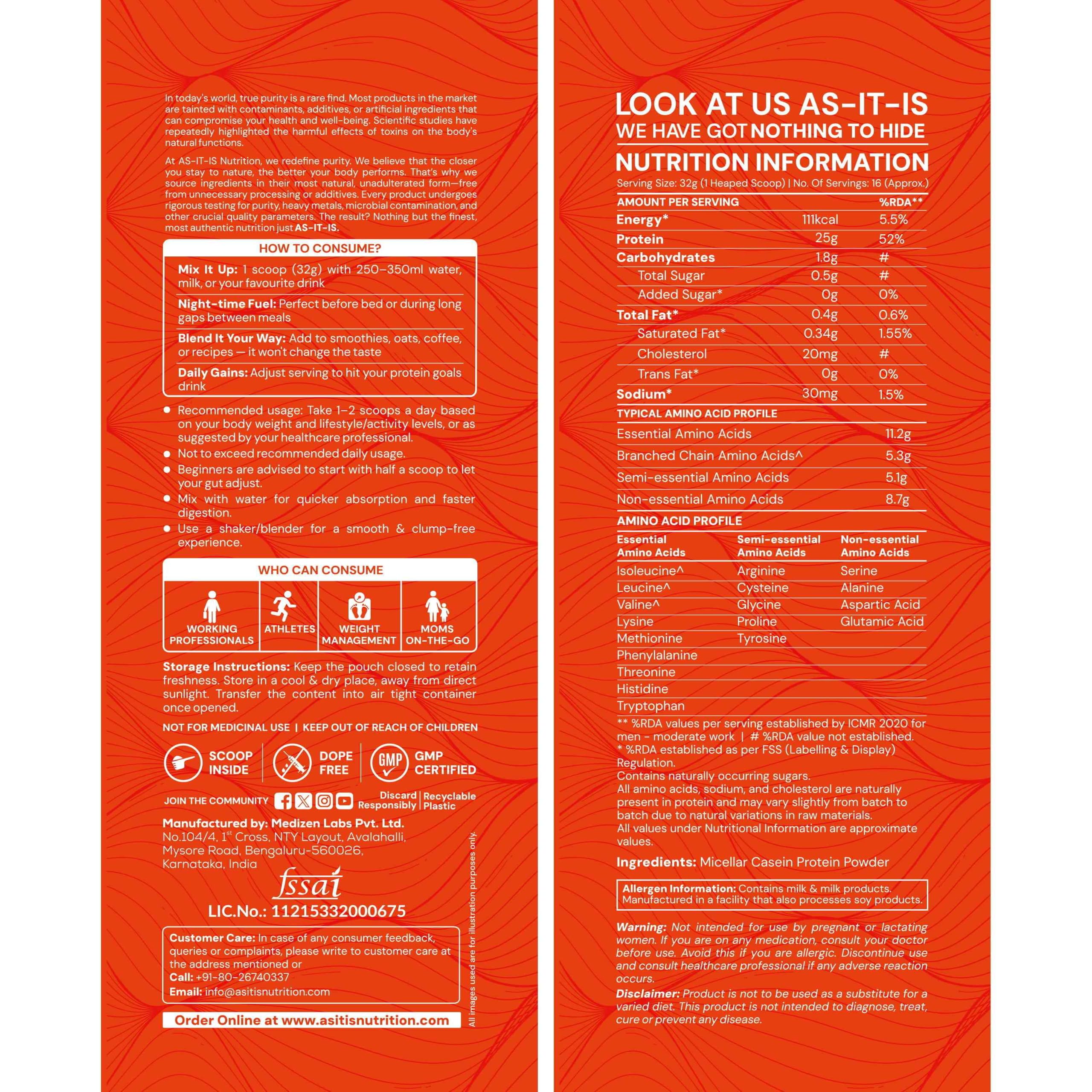 AS-IT-IS One Micellar Casein - Slow Releasing Protein, Unflavoured & Unsweetened 500gms, Supports Muscle Repair & Growth, Ideal for Nighttime Recovery — Amazon image 2