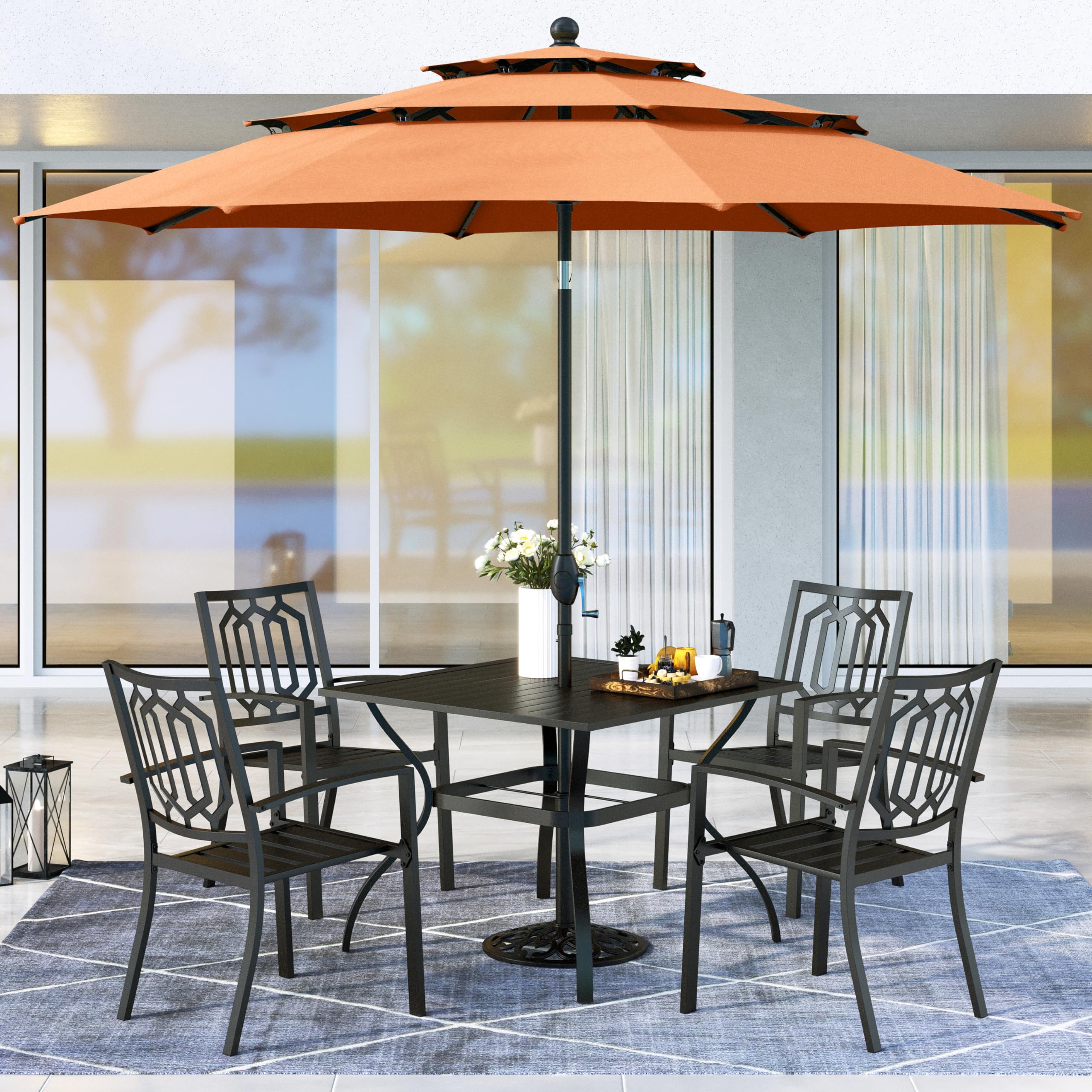 6-Piece Patio Dining Set With Folding Chairs, Round Glass Table
