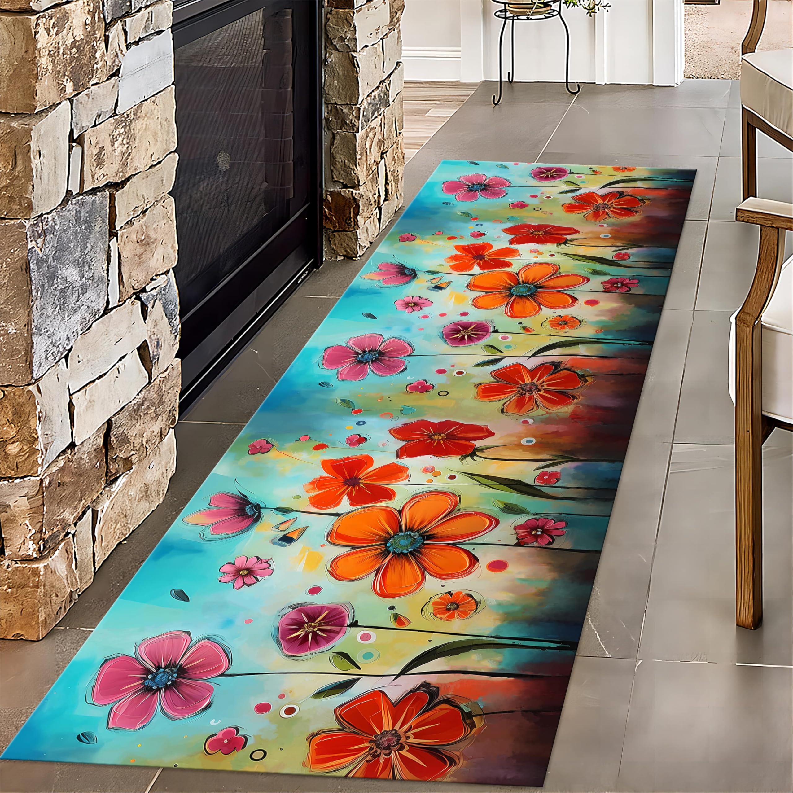 Abstract Colorful Floral Runner Rug for Entryway, 2.6x10ft, Hibiscus Flower Watercolor Floor Rugs, Non Skid Absorbent Carpets, Breathable Durable