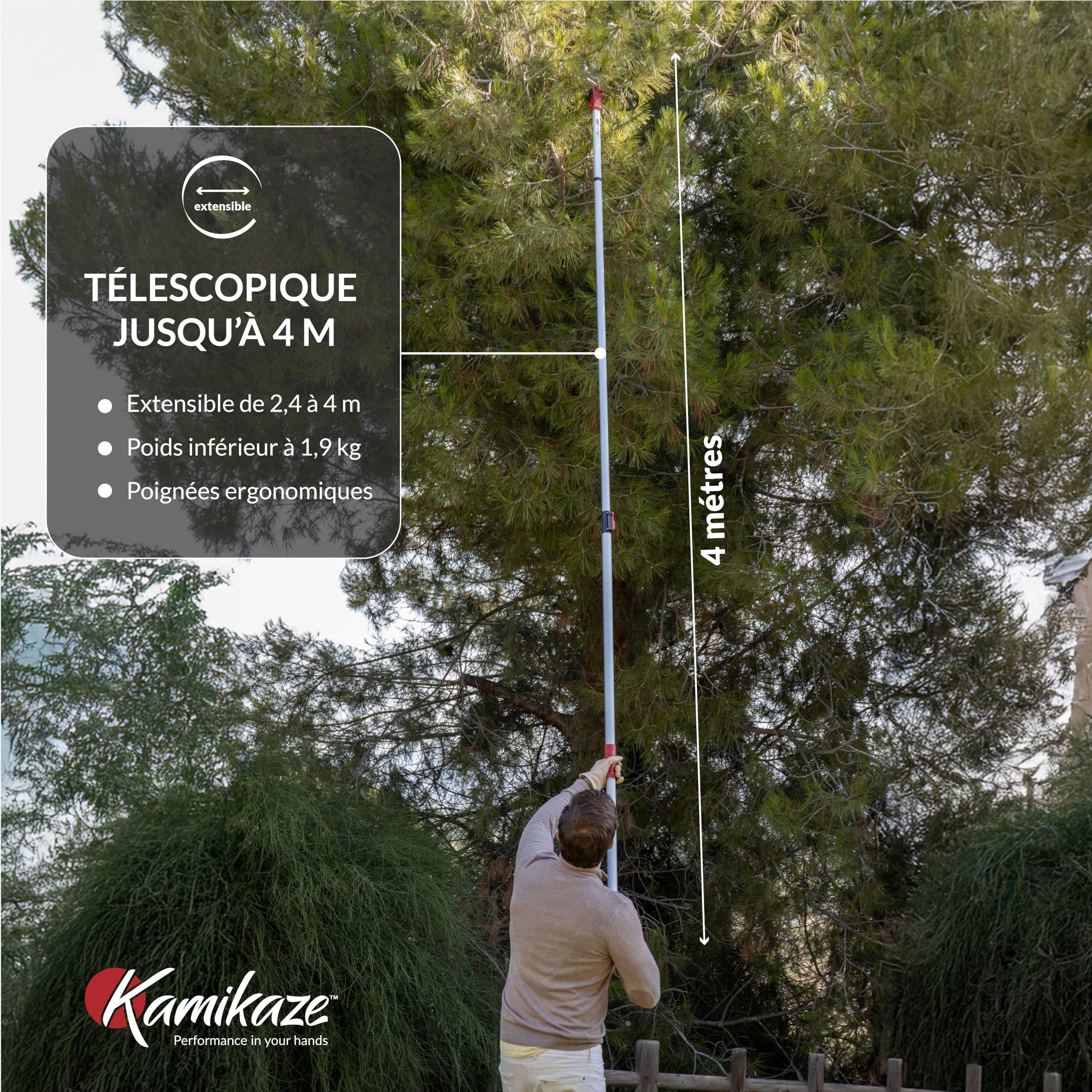 KAMIKAZE Échenilloir Coupe-Branches Télescopique jusqu'à 4 m. Mécanisme de Poulies Réducteur d'Effort. Tête Rotative et Lame en Acier SK5 avec Revêtement Antiadhésif. Sécateur Télescopique KM-63TLX