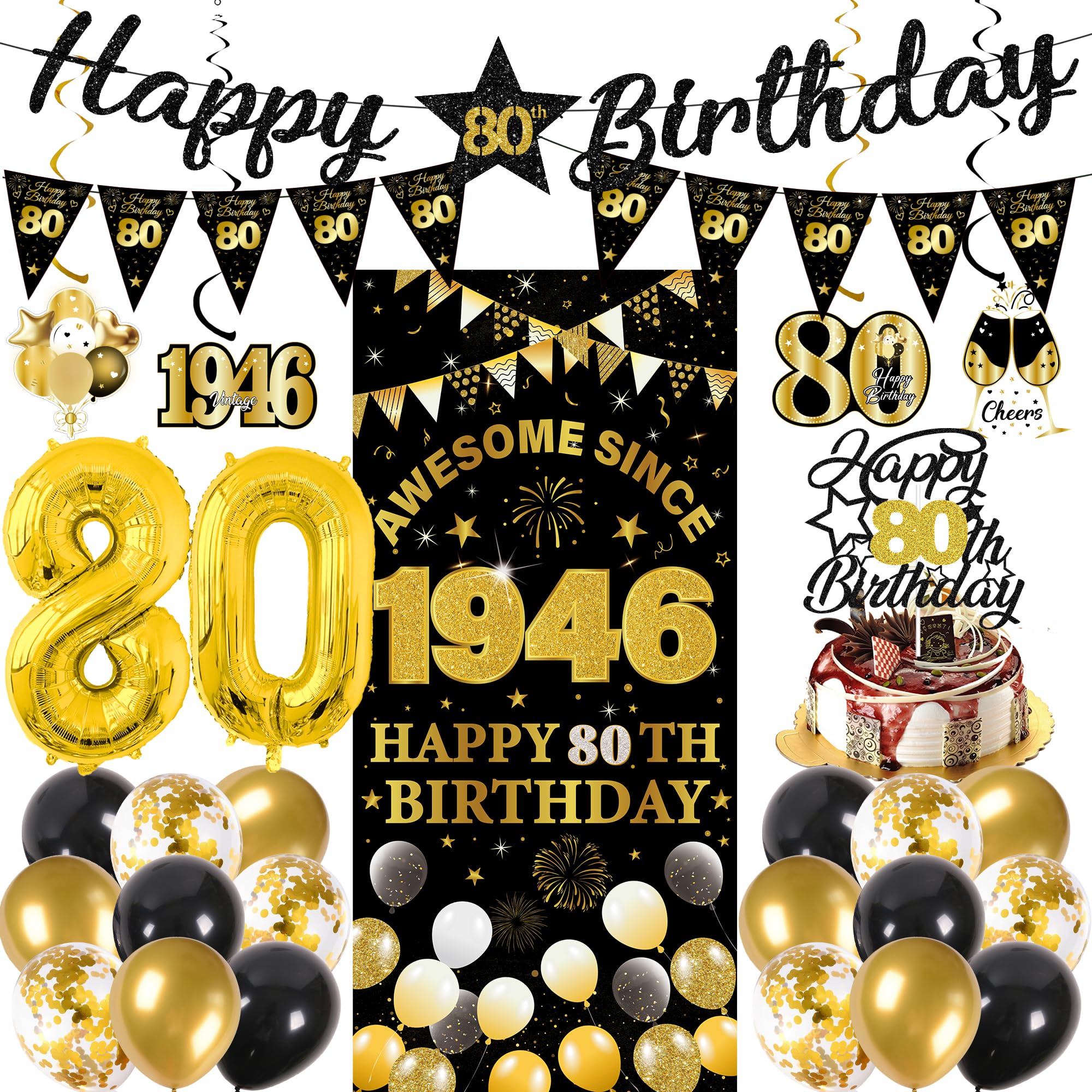 80th Birthday Decorations Men Women - 27 Pcs Black Gold Happy 80th Birthday Banner Triangular Flag Hanging Swirls Backdrop Cake Topper 80 Balloon Set for 80 Years Old Party Decoration Supplies