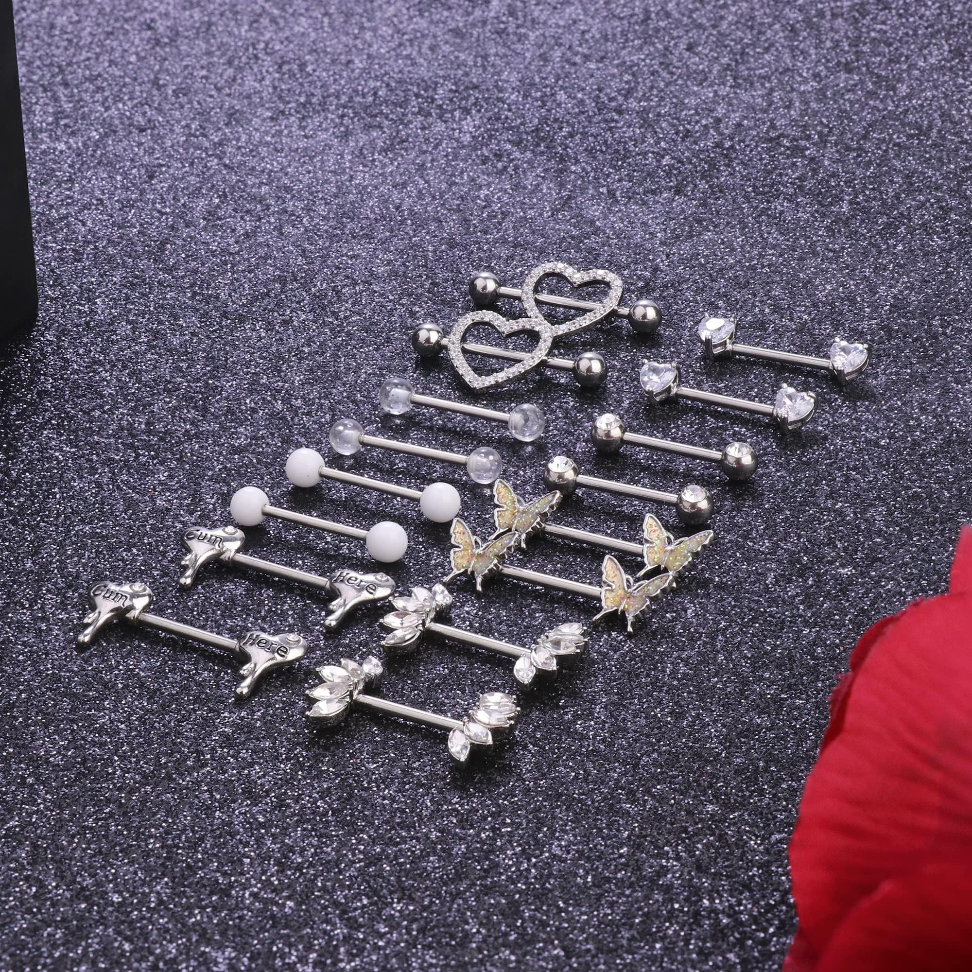 ADRAMATA 8 Pairs 14G Piercing Capezzolo Acciaio Chirurgico Capezzolo Piercing Set CZ Cuore Farfalla Capezzolo Anello con Catena Capezzolo Bar Lingua Piercing Corpo Piercing Gioielli Donna