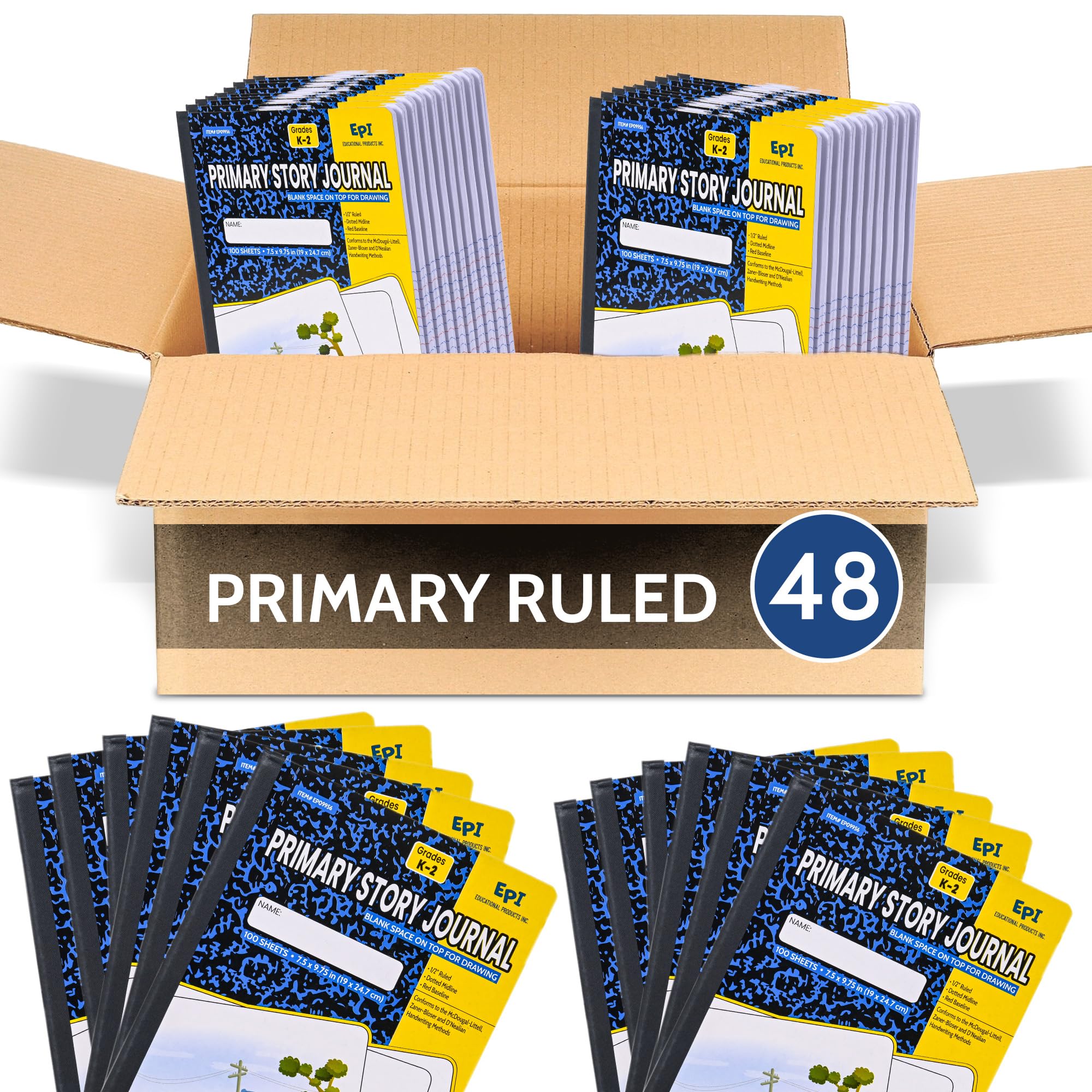48 Pack - EPI Primary Ruled Composition Notebook Black - 200 Pages (100 Sheets), 9-3/4 x 7-½ - Classroom Back to School Supplies, Heavy Duty, Durable