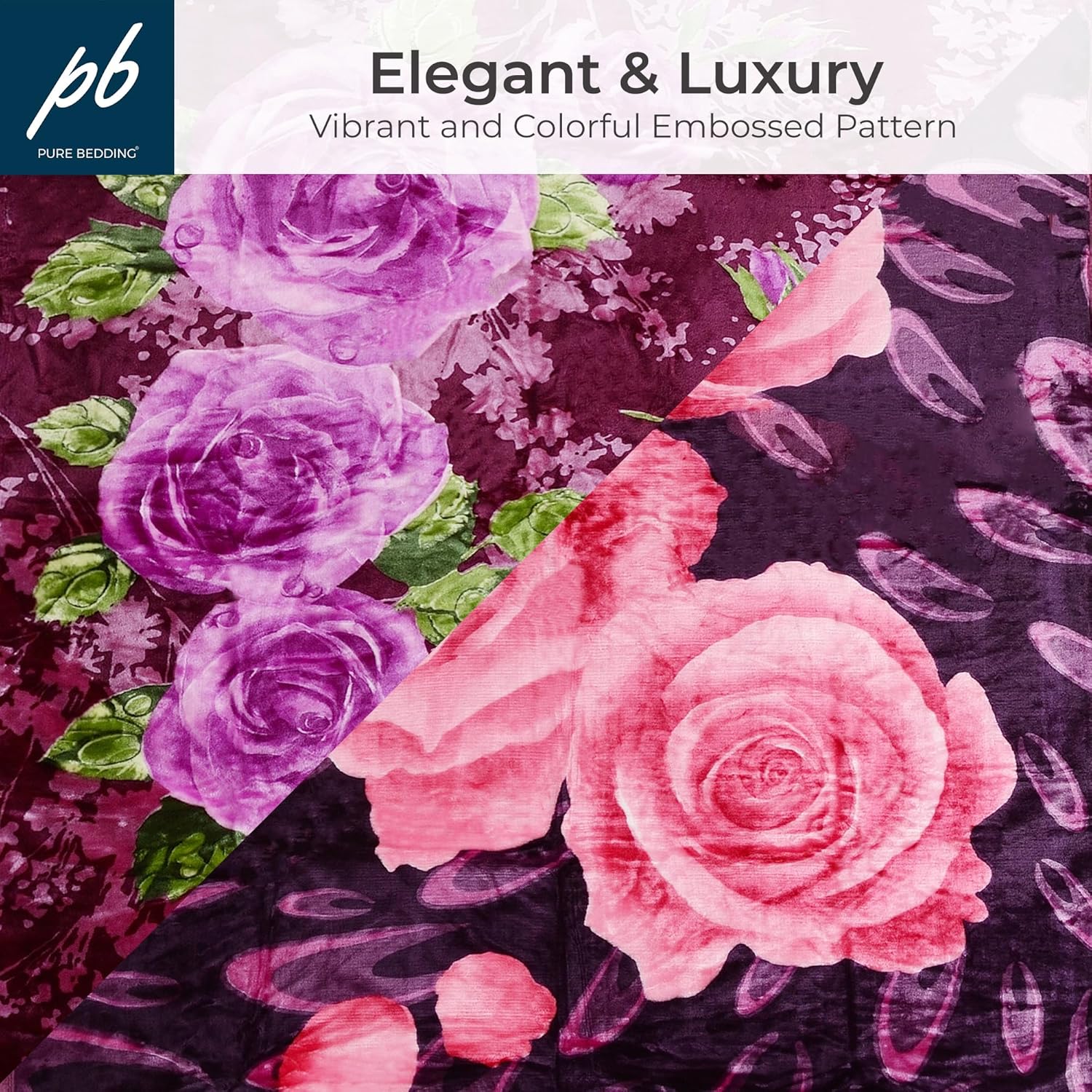 Pure Bedding Fleece King Size Blankets for Bed - Korean Mink Blanket - Soft Plush Cozy Fuzzy Luxury Microfiber, 5 LB, 2 Ply Reversible, 79x95 inches, Purple Peony Rose