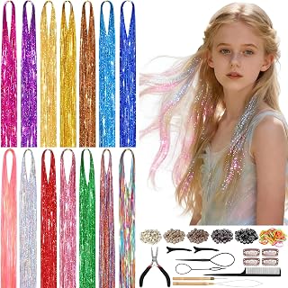 4900 STRANDS Hair Tinsel Kit for Girls,14 Colors Fairy Hair Tinsel Kit Heat Resistance Colorful Glitter Hair Extensions with Tools for Party Concert
