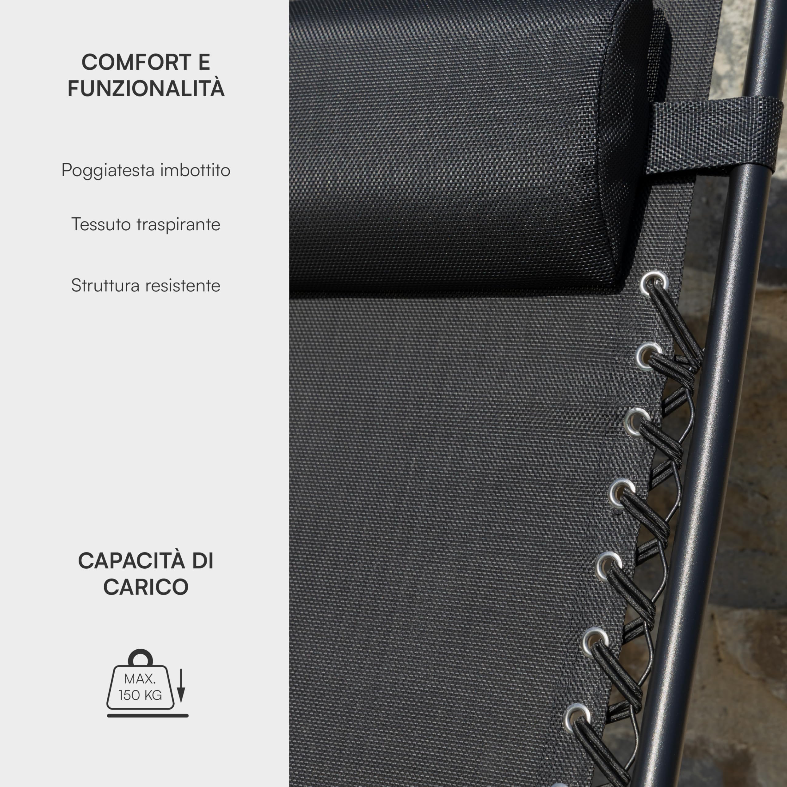 Baroni Home Sedia Sdraio Zero Gravity da Giardino, Chaise Longue Pieghevole da Esterno, Sdraio Salvaspazio per Piscina e Terrazzo, Poltrona Relax, 165x65x93 cm Nero