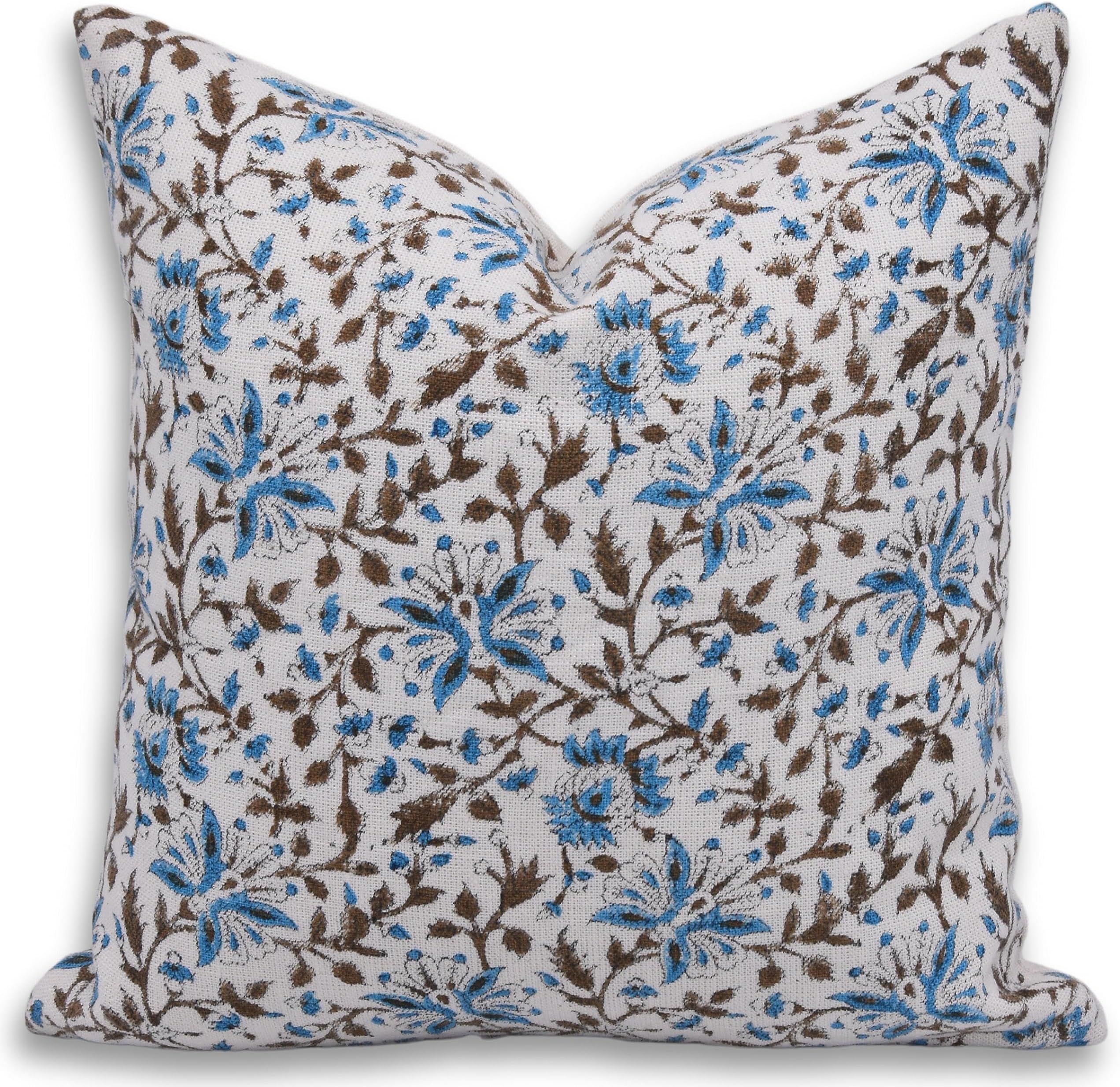 Fabritual Off White Linen Throw Pillow Cover, Outdoor Pillow with Handloom Print, Sustainable Handmade Cushion Cover with Zipper for Sofa and Couch, Floral Print with Boho Design (Blue,14X20 INCH)