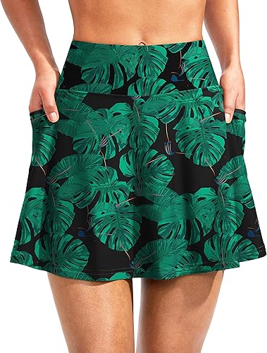 Kayrth Falda de natación de cintura alta para mujer con bolsillos con cremallera, control de abdomen, traje de baño tankini