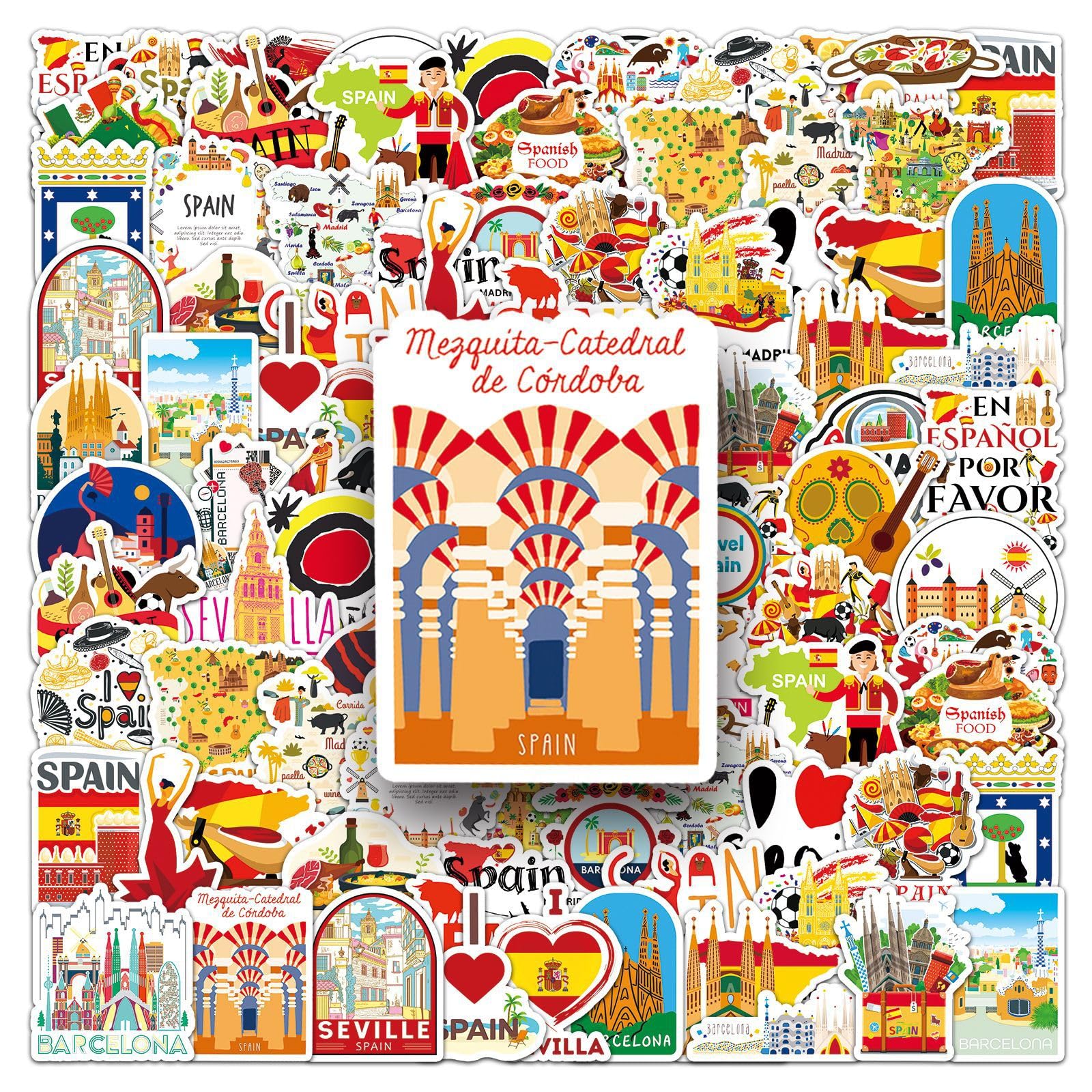 Spanish Stickers 50Pcs Waterproof Cute Spanish Travel Theme Sticker for Water Bottle Laptop Car Skateboard Computer Bike Luggage Phone Guitar,Vinyl Funny Landscape Sticker for Adults Teens — image 1