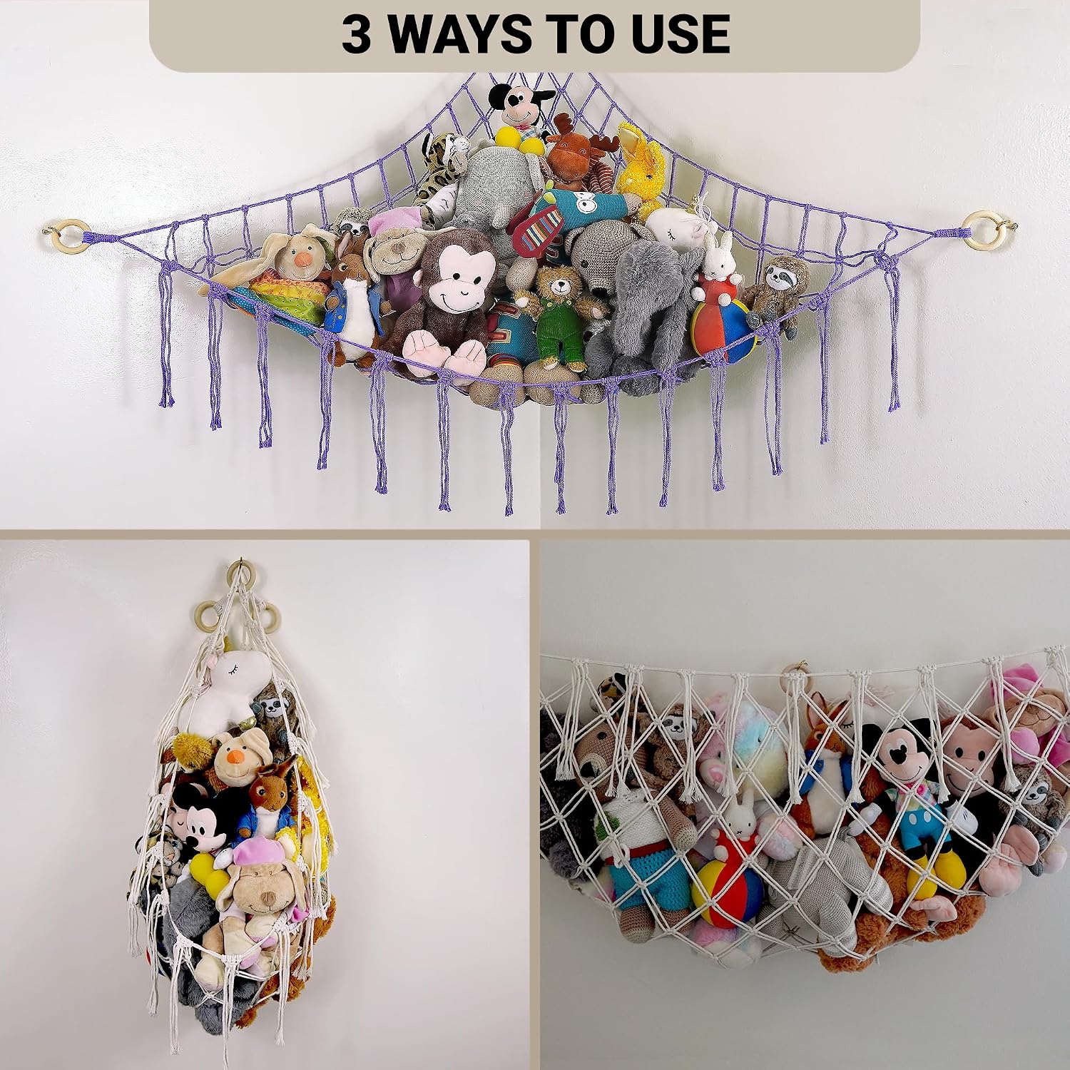 ABBY BABY Large Stuffed Animal Hammock Corner - Stuffed Animal Storage - 100% Natural Cotton Macrame Stuffed Animal Net - Stuff Animal Organizer - Net For Stuffed Animals Corner Large - Purple image 4