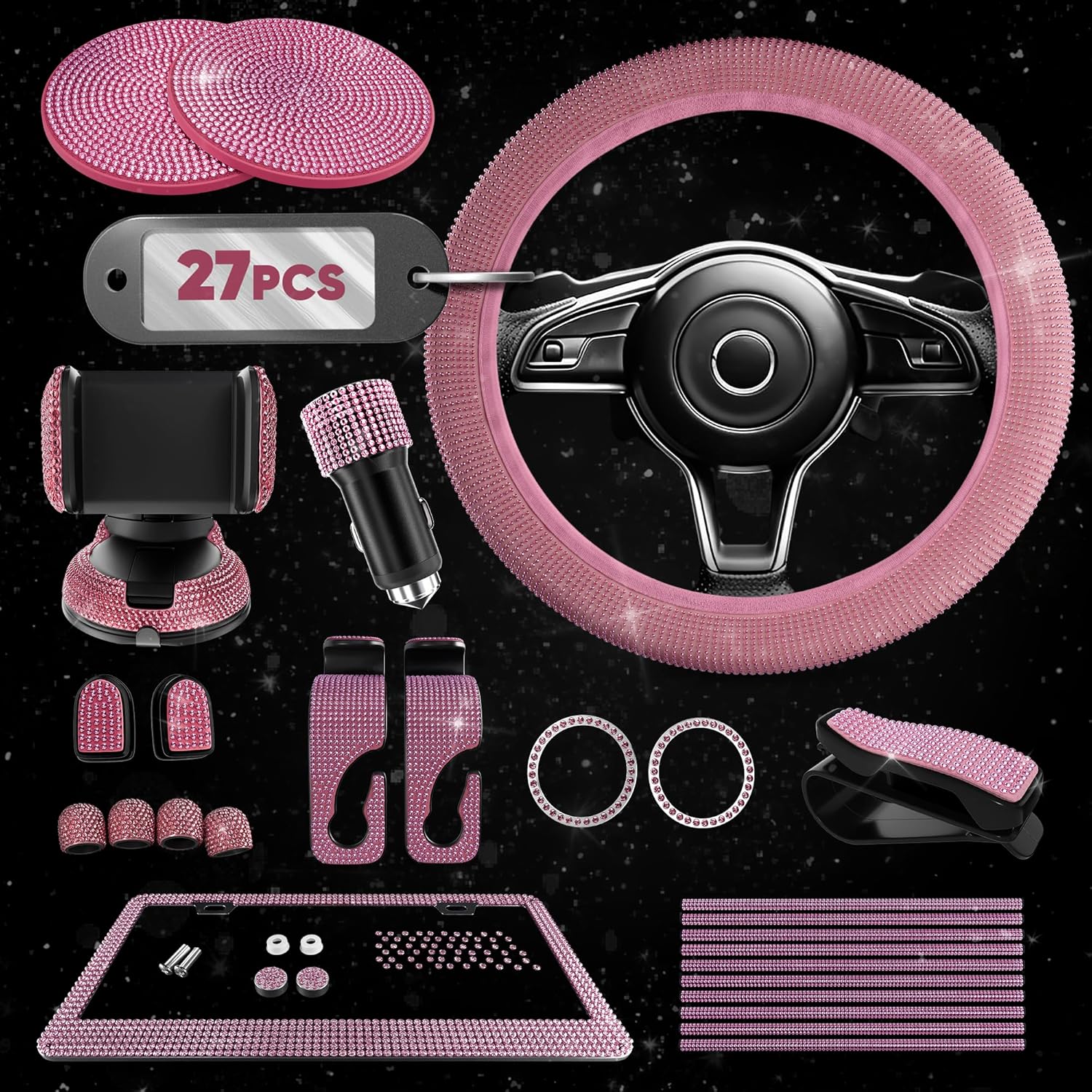 Pink Car Accessories Set, 27 Pieces – Bling Car Accessories for Interior Styling with Rhinestone Details for Daily Use, Universal Fit Kit for Steering Wheel, Vents, Mirror Area, Great Gift for Women