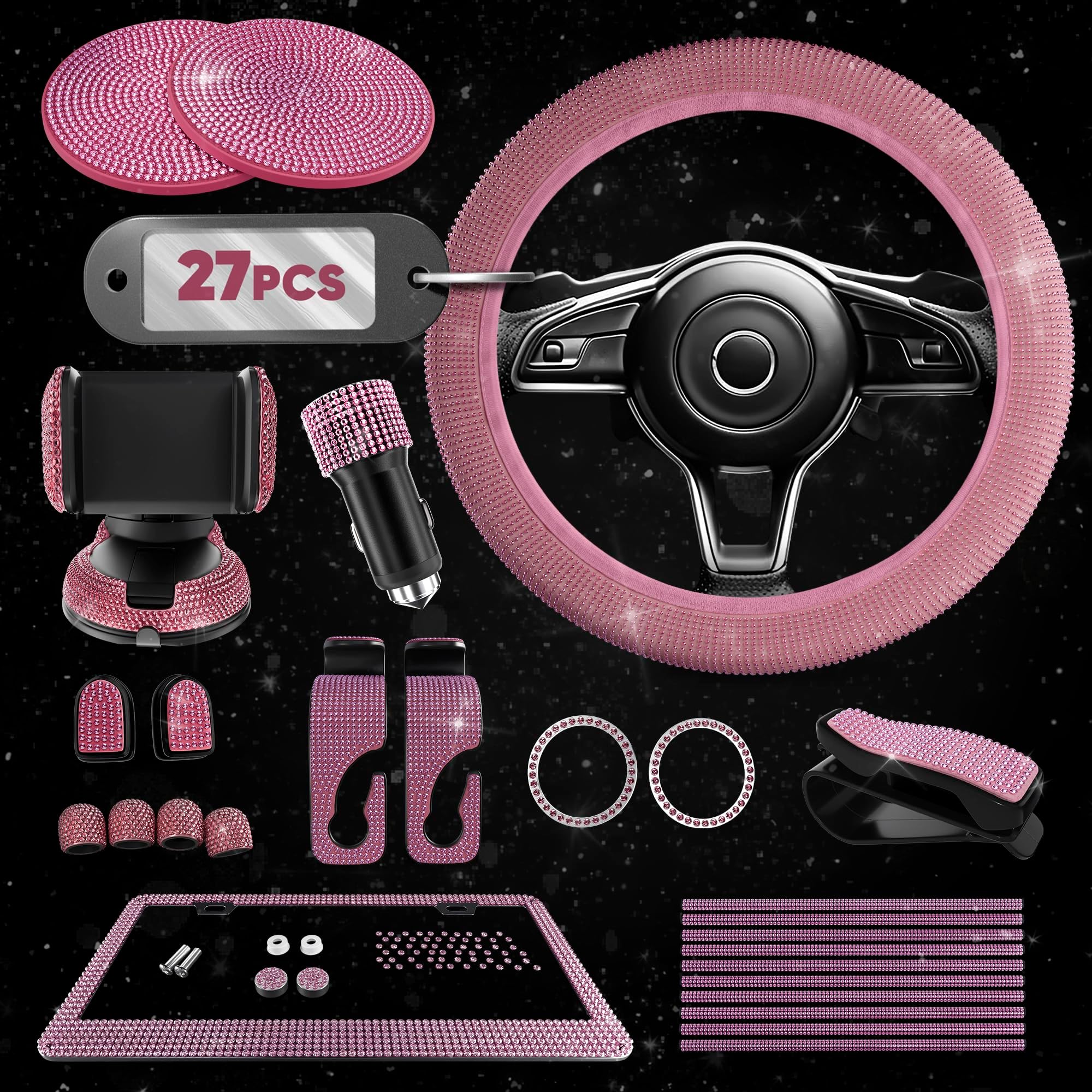 Pink Car Accessories Set, 27 Pieces – Bling Car Accessories for Interior Styling with Rhinestone Details for Daily Use, Universal Fit Kit for Steering Wheel, Vents, Mirror Area, Great Gift for Women