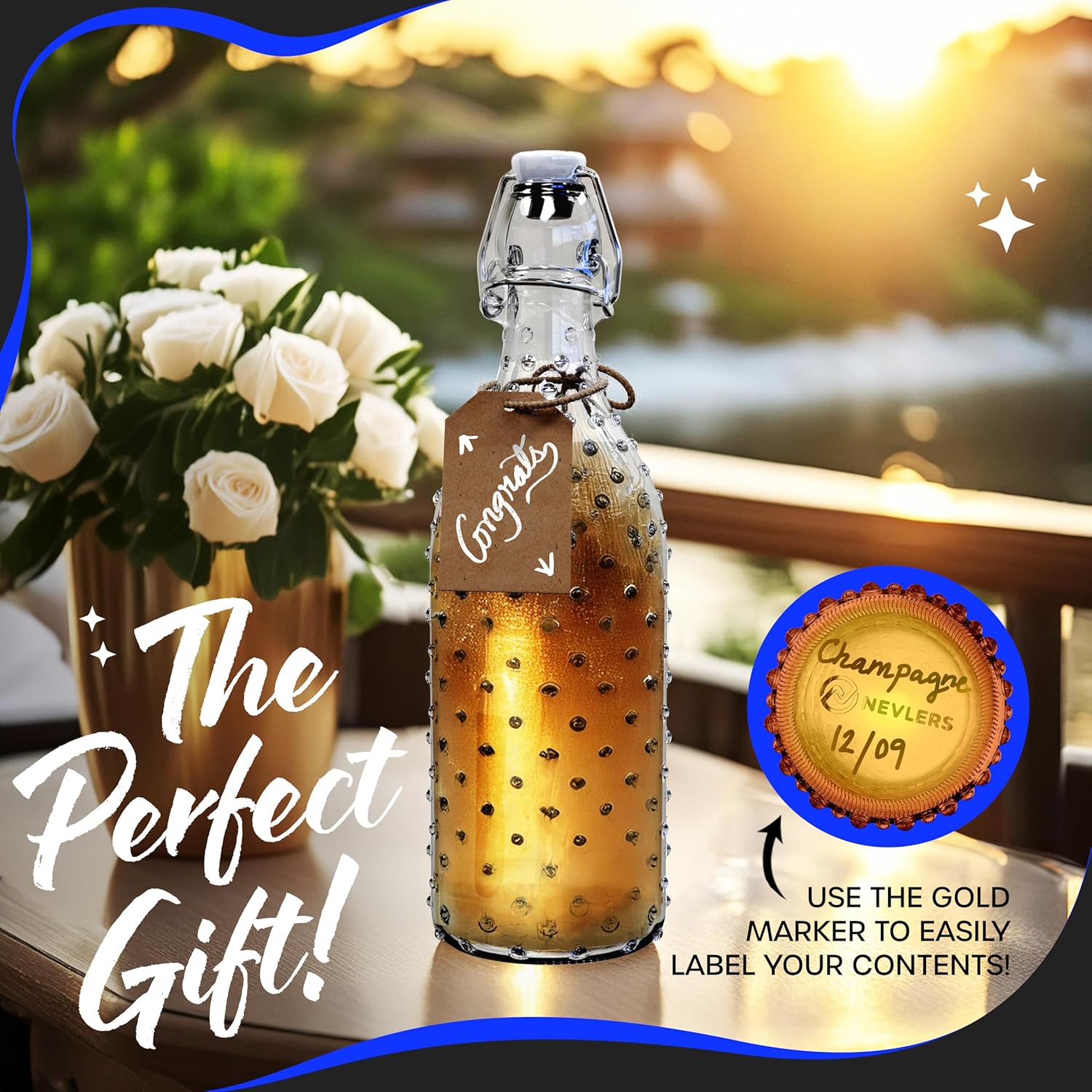 Nevlers 17 Oz Dotted Swing Top Glass Bottles with Airtight Lid | Flip Top Glass Bottle with Stopper 6 PK | Reusable Beer & Kombucha Bottles | Bottling Kit w/Shrink Wrap, Tags, Funnel, Brush & Marker - Image 5