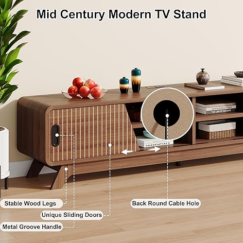 Miniatura 5 de 70" TV Stand for up to 80 inch TVs with Power Outlet, Mid Century Modern Entertainment Center with Storage Cabinets & Adjustable Shelves, Long TV