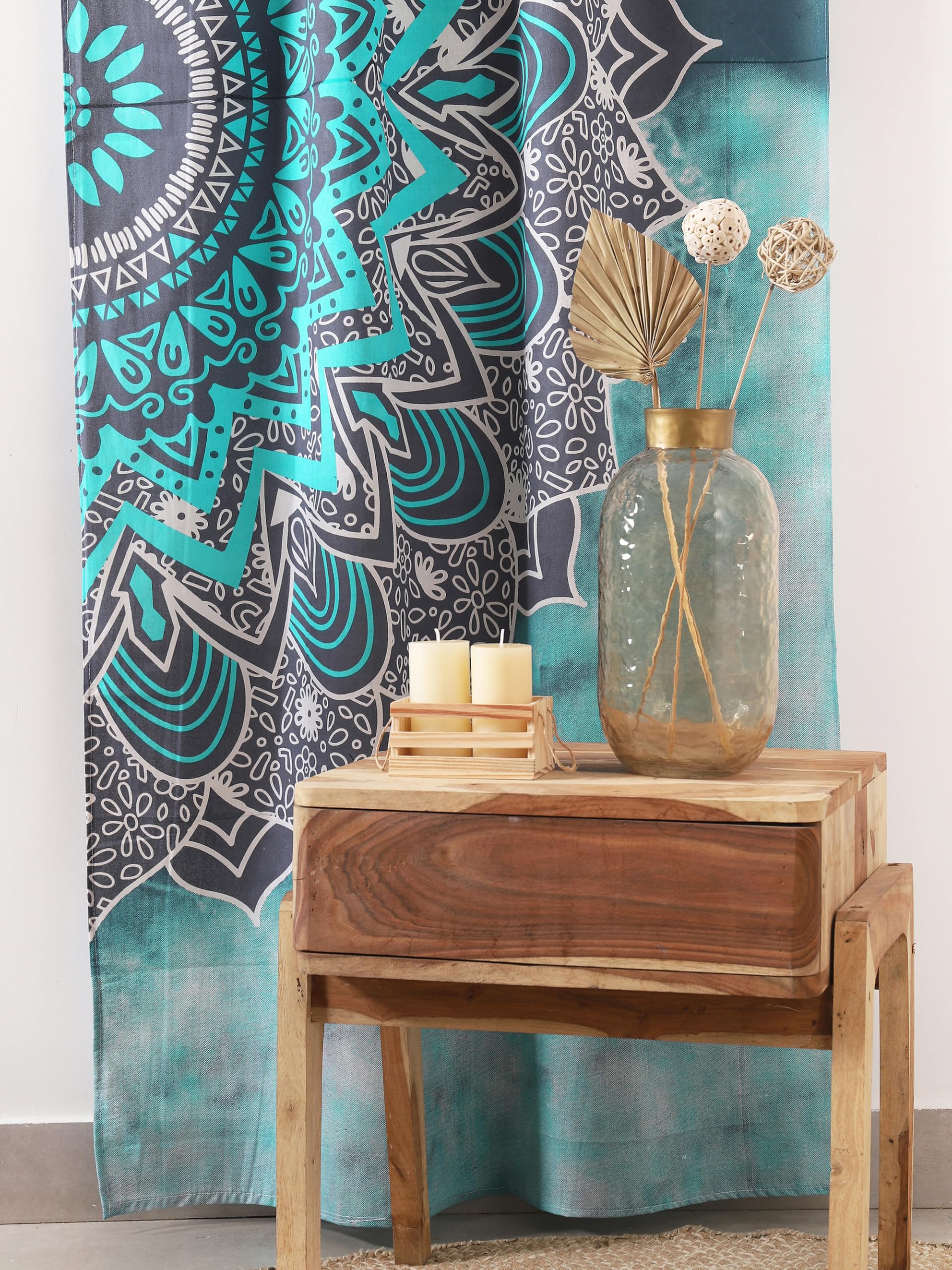 Popular Handicrafts Hippie-Mandala-Ombre-Vorhänge, für Wohnzimmer oder Schlafzimmer, lichtdurchlässige, halbtransparente Boho-Landhausgardinen, 193,0 x 210,8 cm (B x L), Türkis, 2er-Set