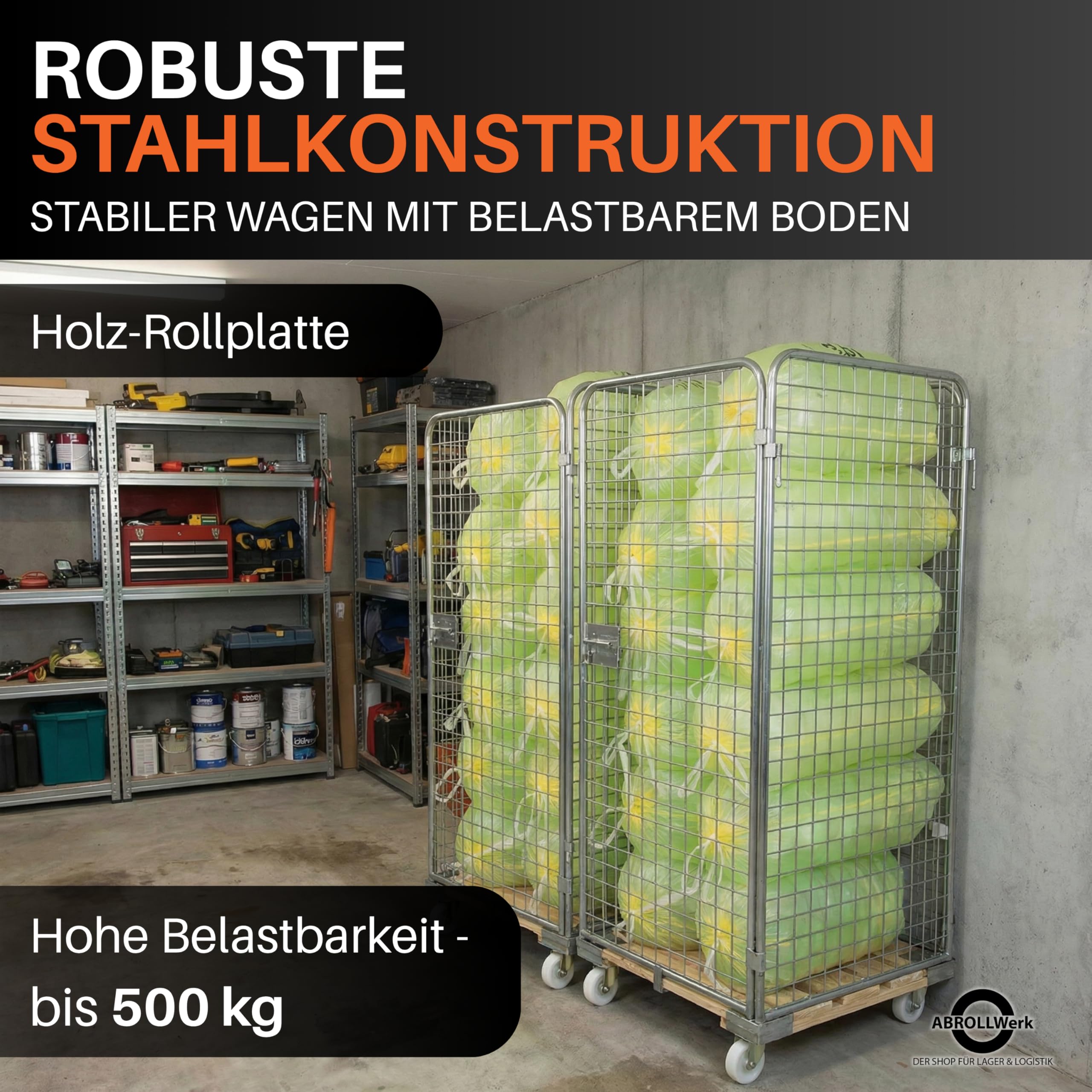 Drahtgitterbehälter mit Holz-Rollplatte – 4-seitiger Gitterwagen mit 1585 mm Nutzhöhe – Robuster Rollbehälter für Lager & Logistik – Transportwagen verzinkt – Materialcontainer mobil