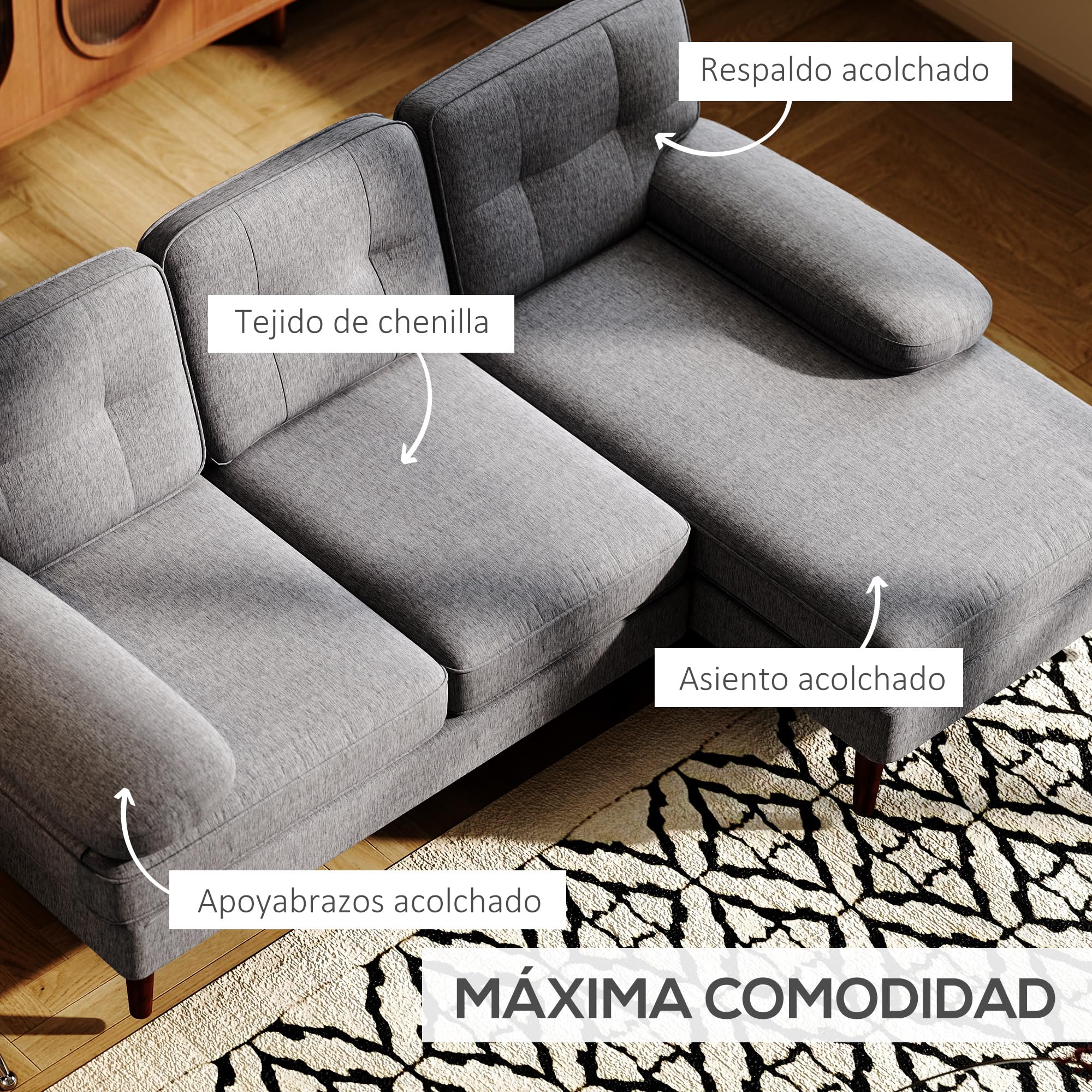 HOMCOM Sofá Esquinero de 3 Plazas Tapizado en Chenilla 215x142x88 cm Gris | Sofá Chaise Longue en Forma de L, Patas de Madera y Reposabrazos, Estilo Moderno, para Salón