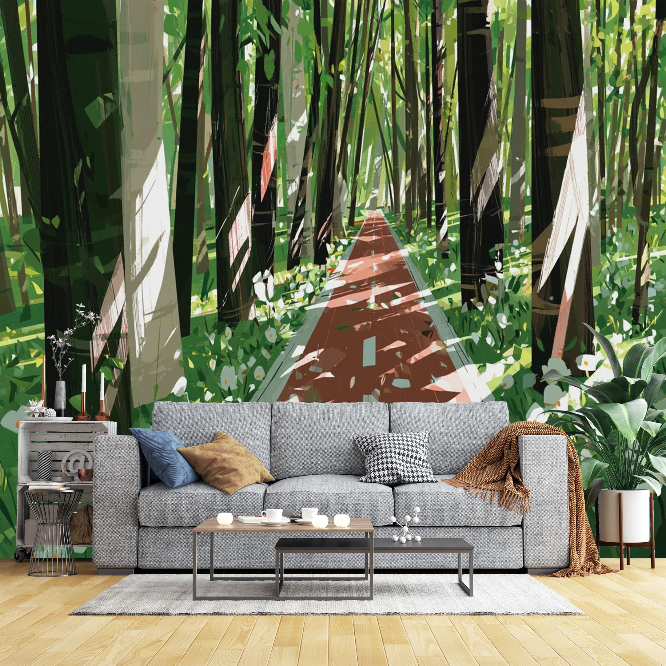 Custom Size Wall Murals Sunlit Forest Path with Flowers Wall Murals Nature Scenery Wallpaper, HD Self-Adhesive Removable Wallpaper for Living Room